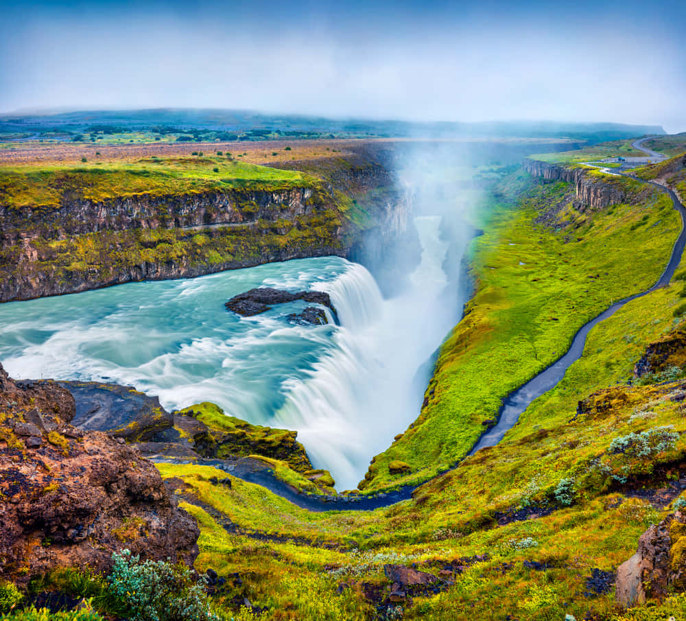 Gullfoss Waterfall, southwest Iceland, lush green canyon, SD Desktop Wallpaper