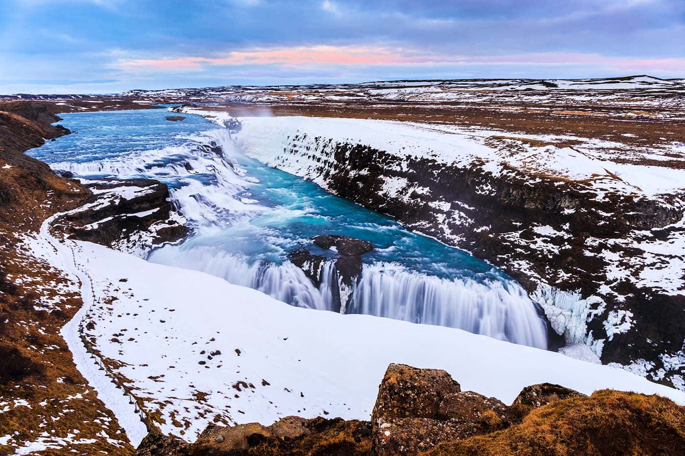 Gullfoss Waterfall, perennial snow, southwest Iceland, HD Desktop Wallpaper