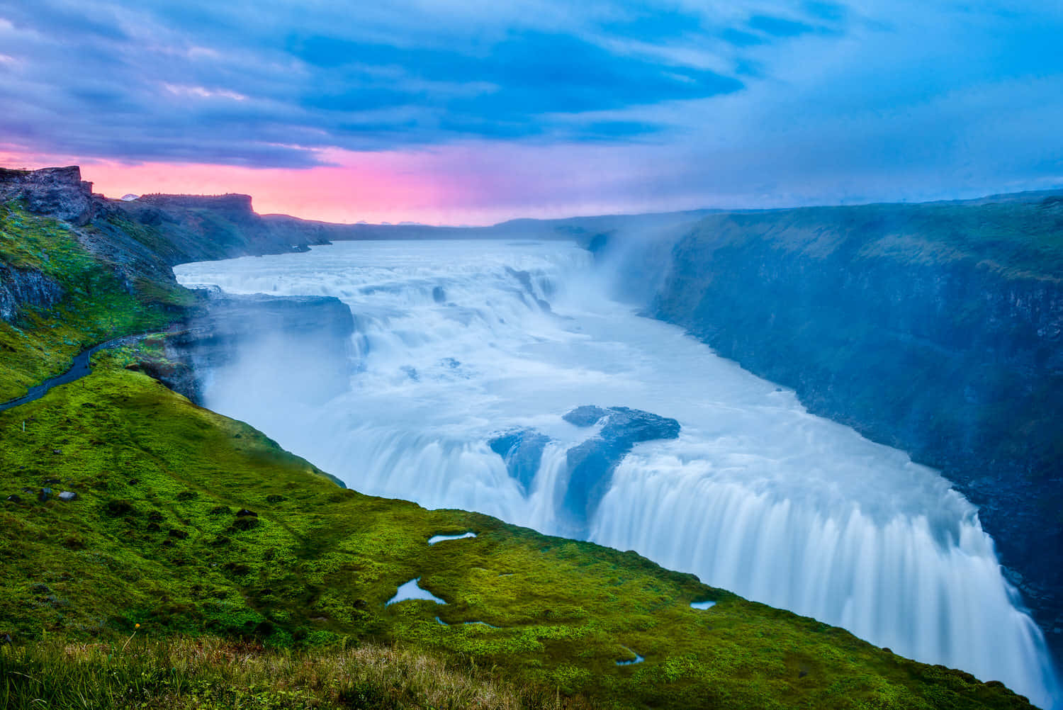 Gullfoss Waterfall, pink skies, southwest Iceland, HD Desktop Wallpaper