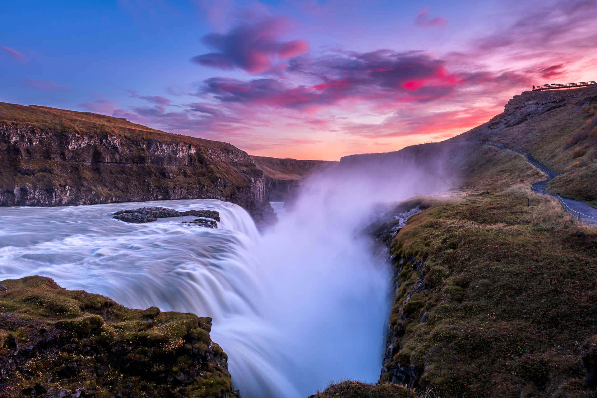 Gullfoss Waterfall, southwest Iceland, sunset, Full HD Desktop Wallpaper