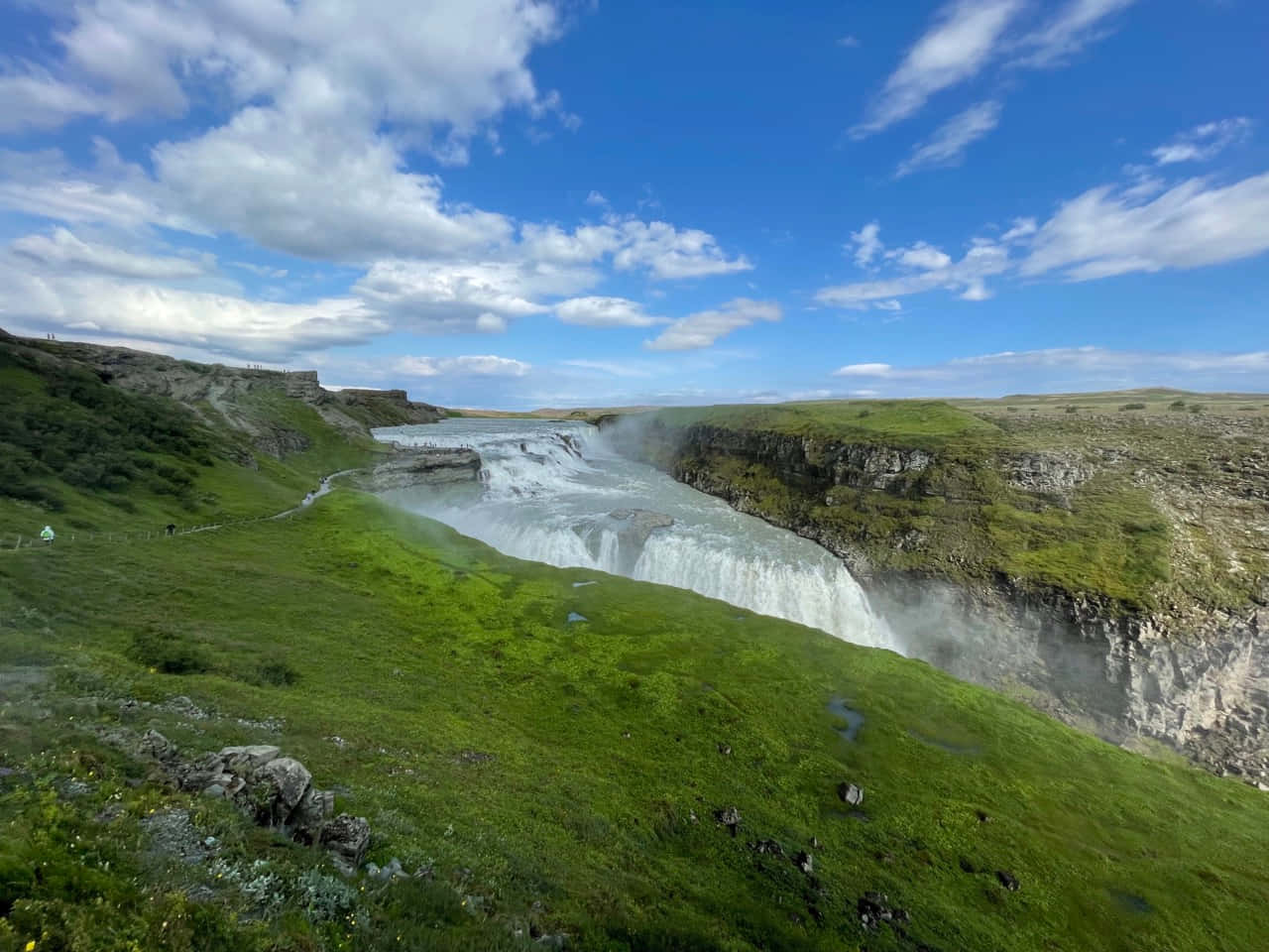 Gullfoss Waterfall, southwest Iceland, lush green hills, HD Desktop Wallpaper