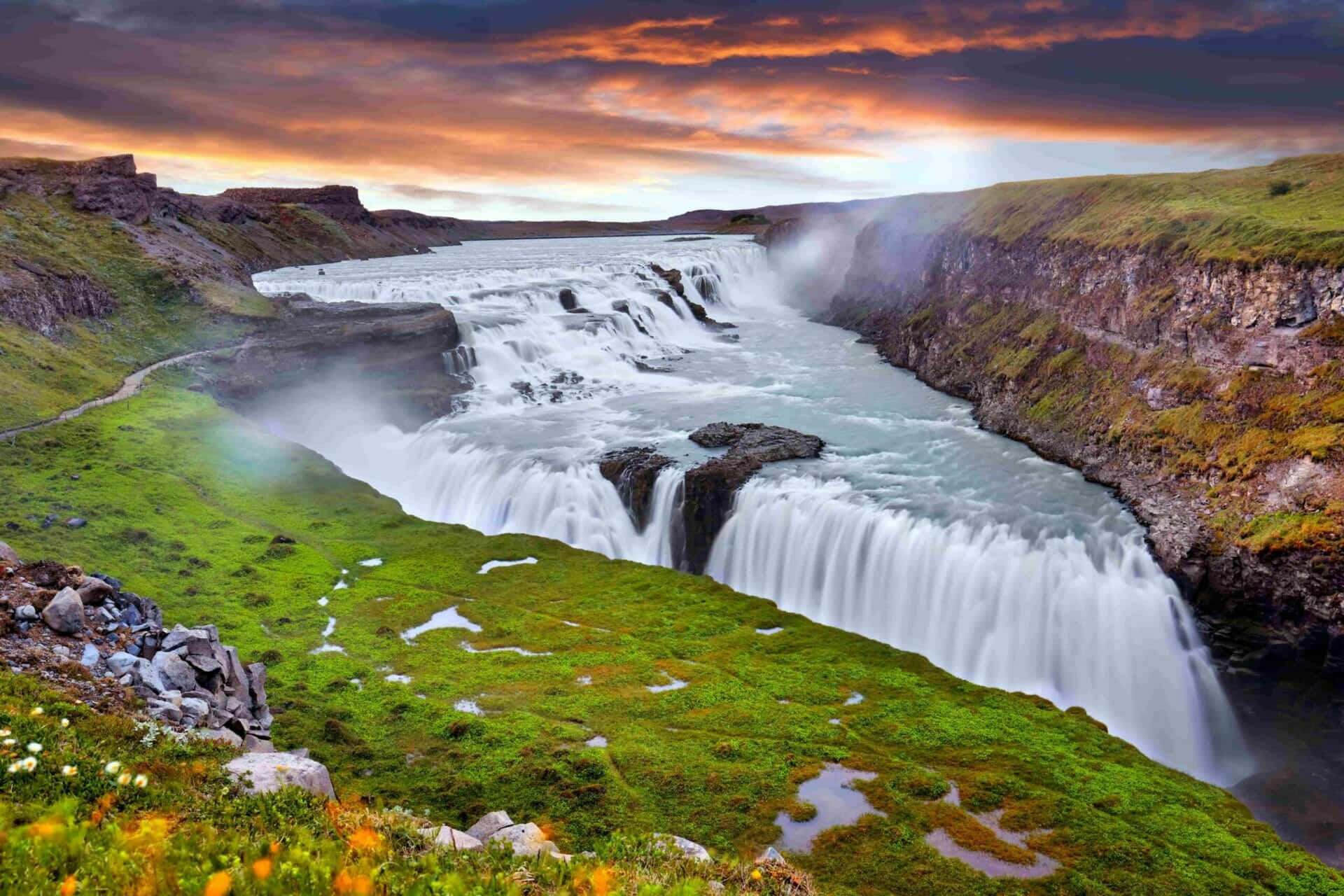 Gullfoss Waterfall, southwest Iceland, nightfall, Full HD Desktop Wallpaper