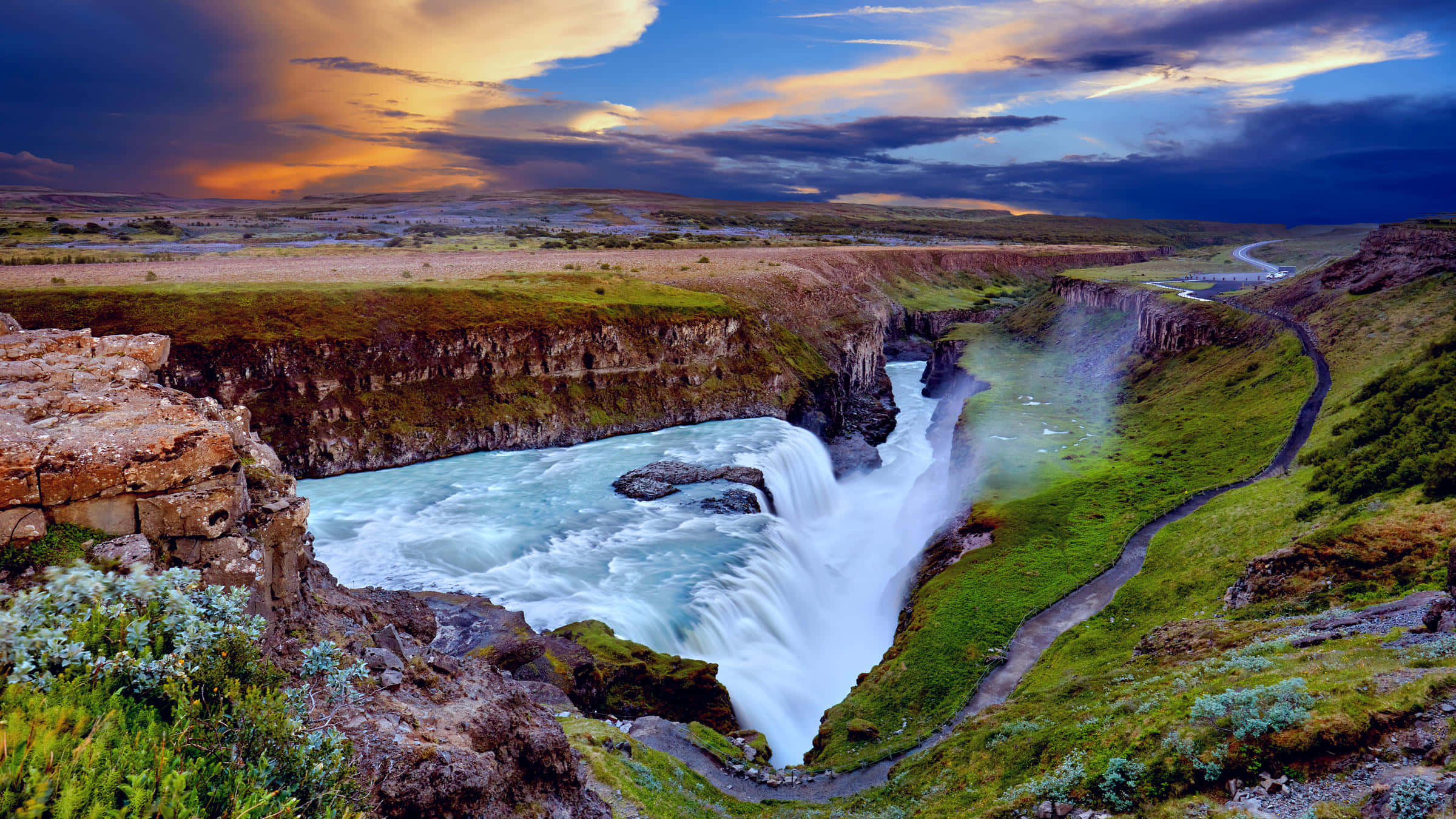 Gullfoss Waterfall, southwest Iceland, twilight, Full HD Desktop Wallpaper