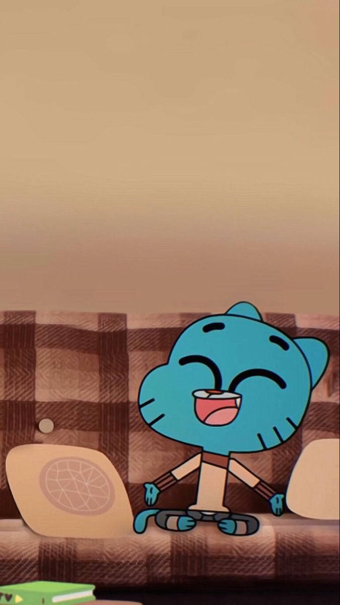 Gumball, blue cartoon cat, plaid couch, SD Phone Wallpaper