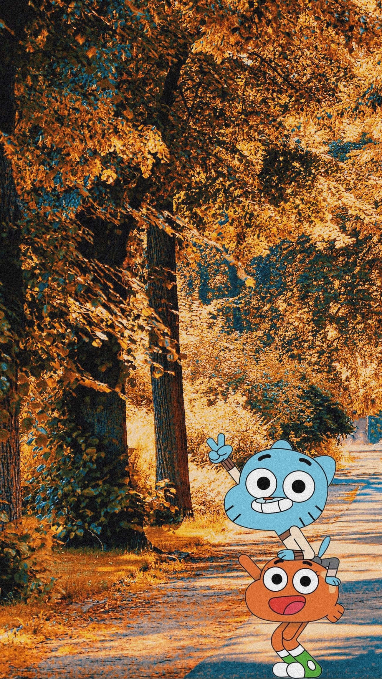 Gumball, Darwin, autumn path, Full HD Phone Wallpaper
