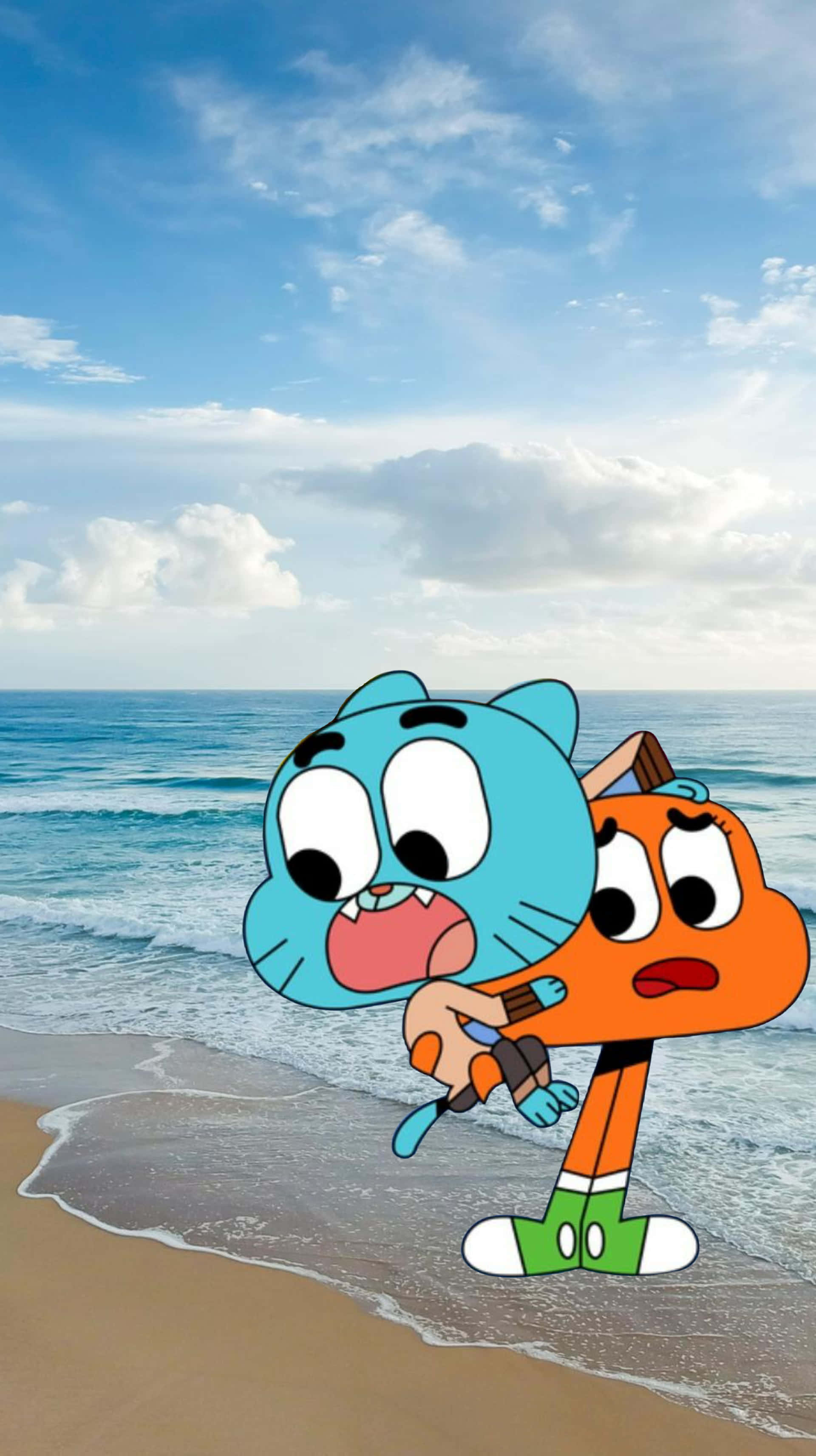 Gumball, Darwin, sandy beach, 2K Phone Wallpaper