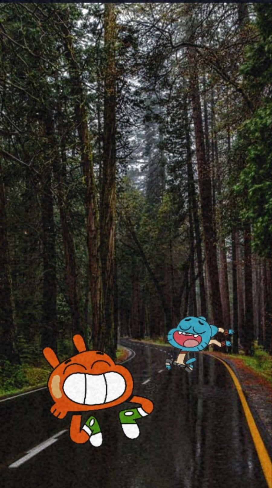 Gumball, Darwin, wet forest road, HD Phone Wallpaper