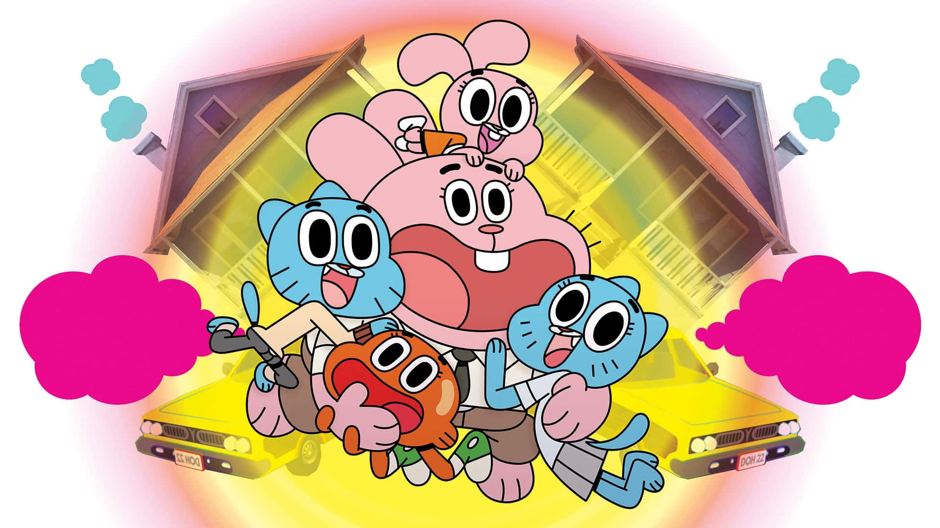Gumball, Darwin, yellow car, Full HD Desktop Wallpaper