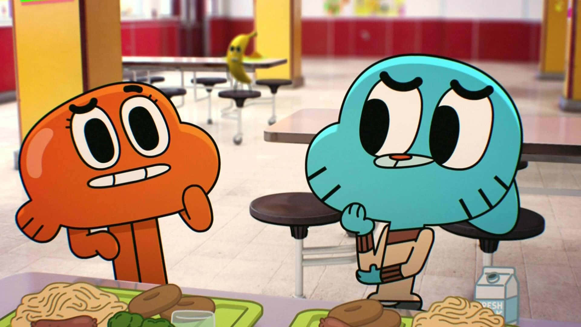 Gumball And Darwin, spaghetti, cafeteria table, Full HD Desktop Wallpaper