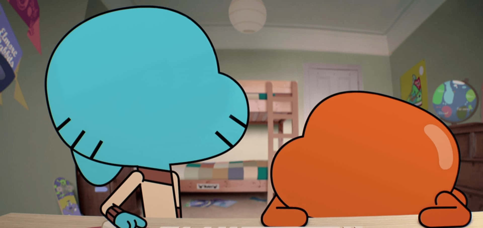 Gumball And Darwin, cloud-shaped heads, desk, Full HD Desktop Wallpaper
