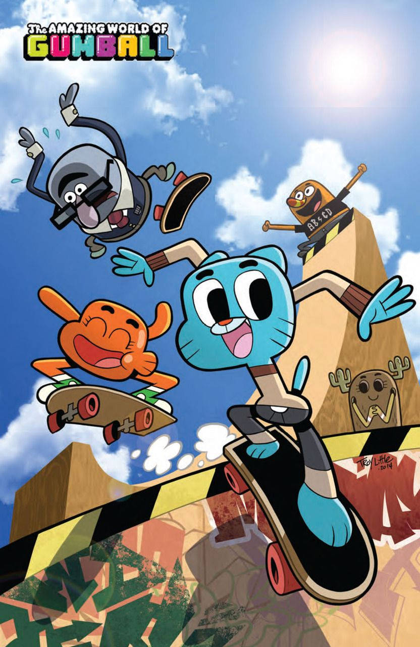 Gumball, skateboard, bright blue sky, HD Phone Wallpaper
