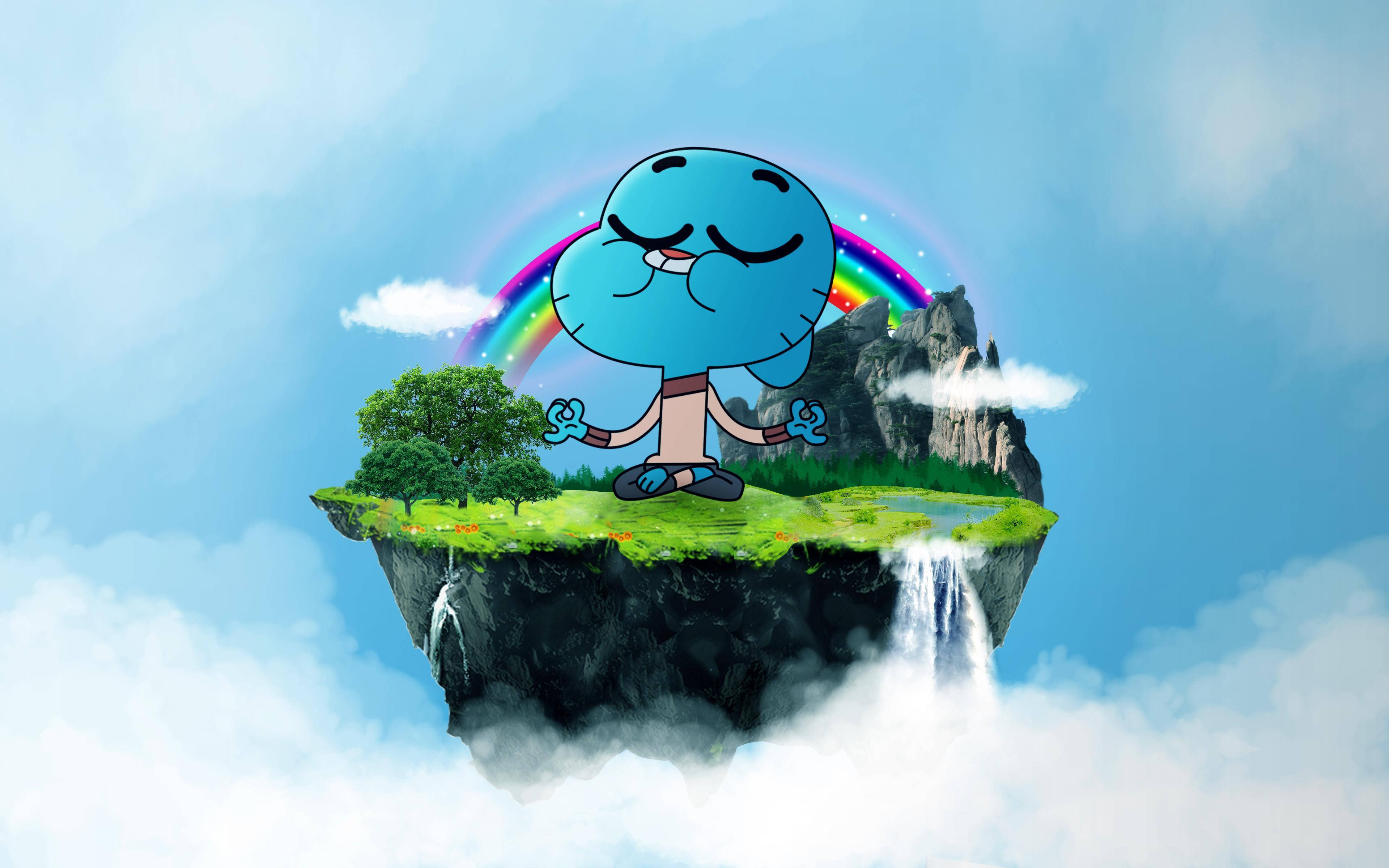 Gumball, meditating, floating island, 4K Desktop Wallpaper