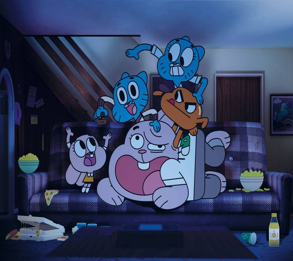 Gumball, plaid couch, messy living room, SD Desktop Wallpaper