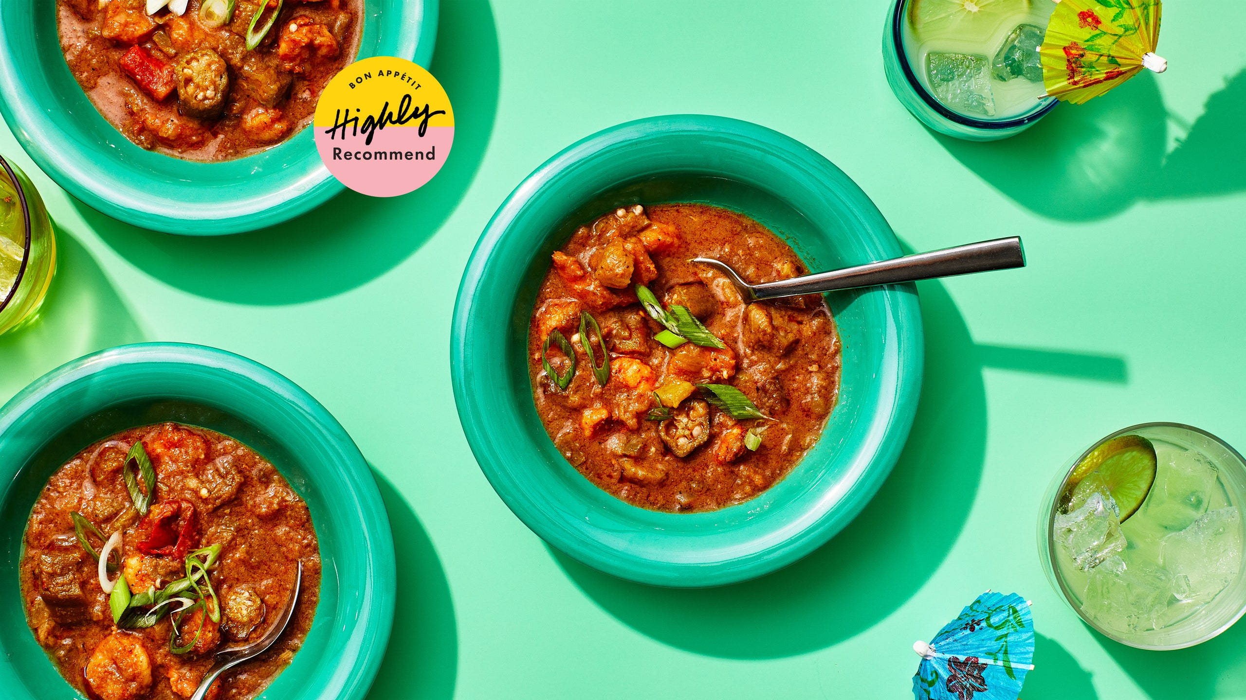 gumbo green aesthetic, turquoise bowls, rich stew with shrimp and greens, 2K Desktop Wallpaper