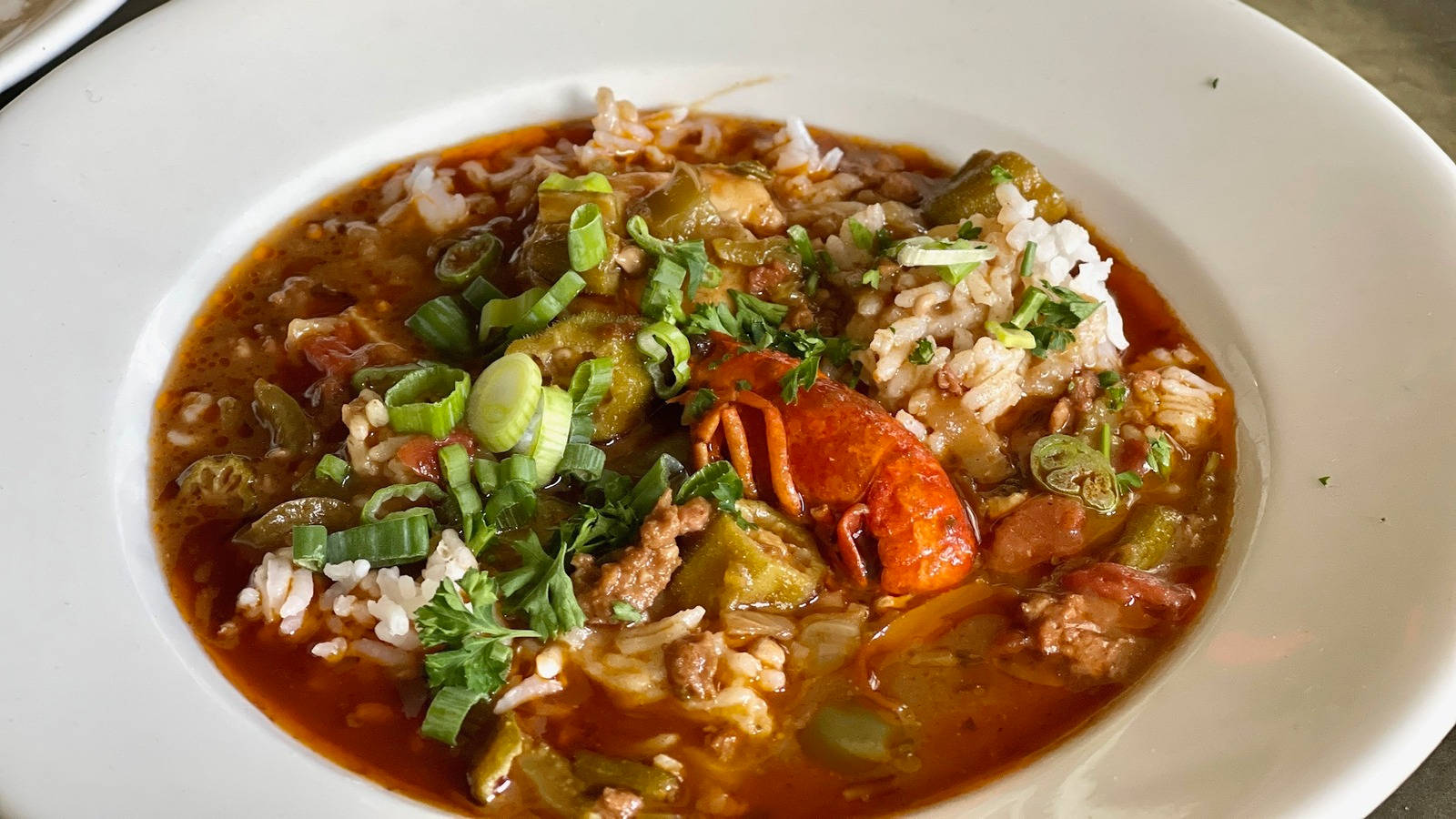 gumbo soup, rice, spring onions, HD Desktop Wallpaper