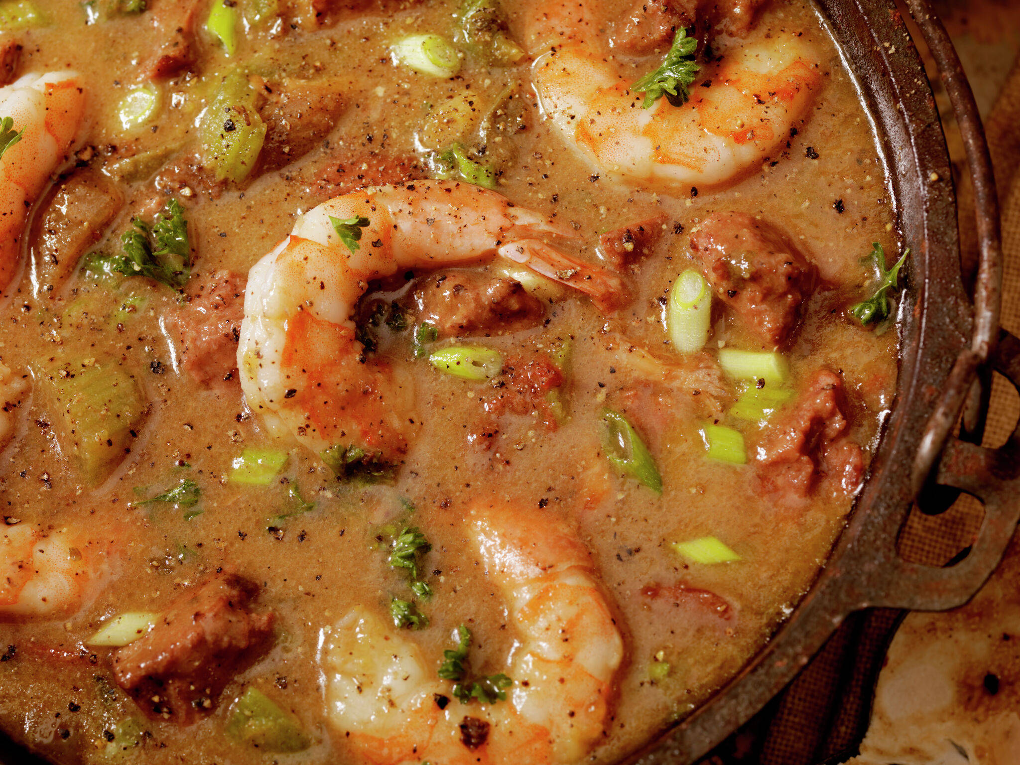 gumbo, shrimp, cast iron skillet, Full HD Desktop Wallpaper