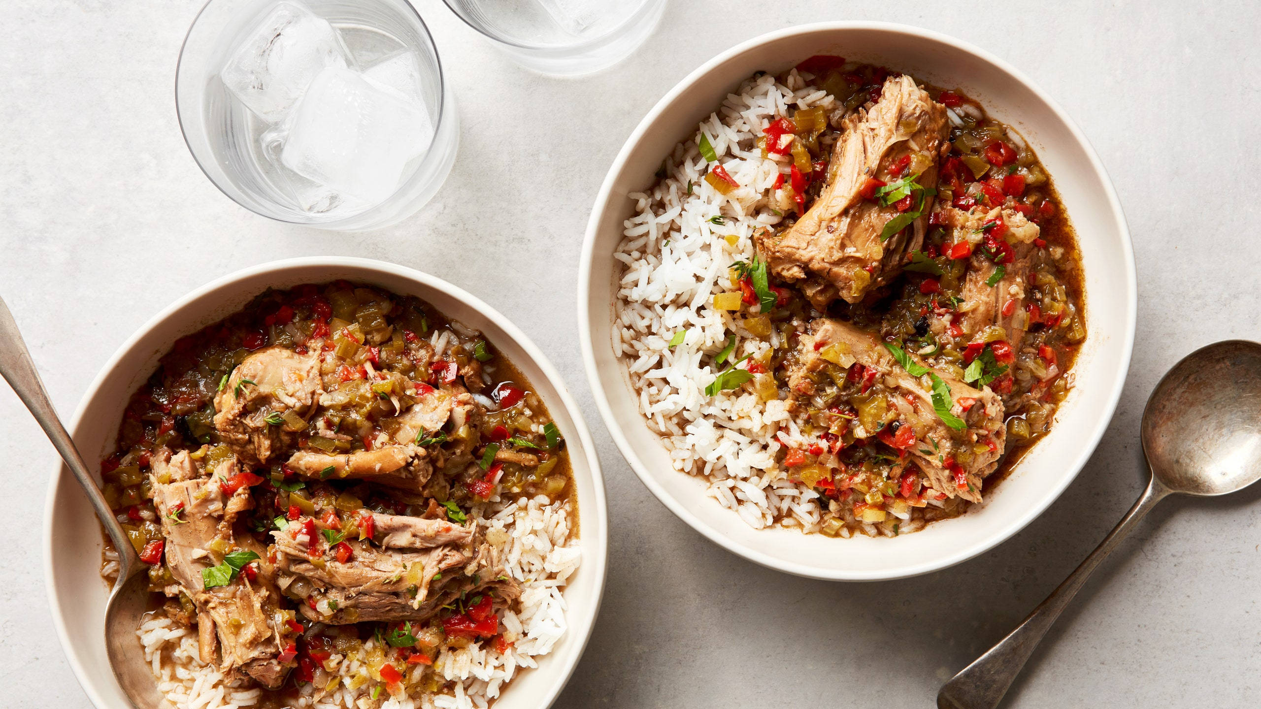 gumbo, white rice, red peppers, 2K Desktop Wallpaper