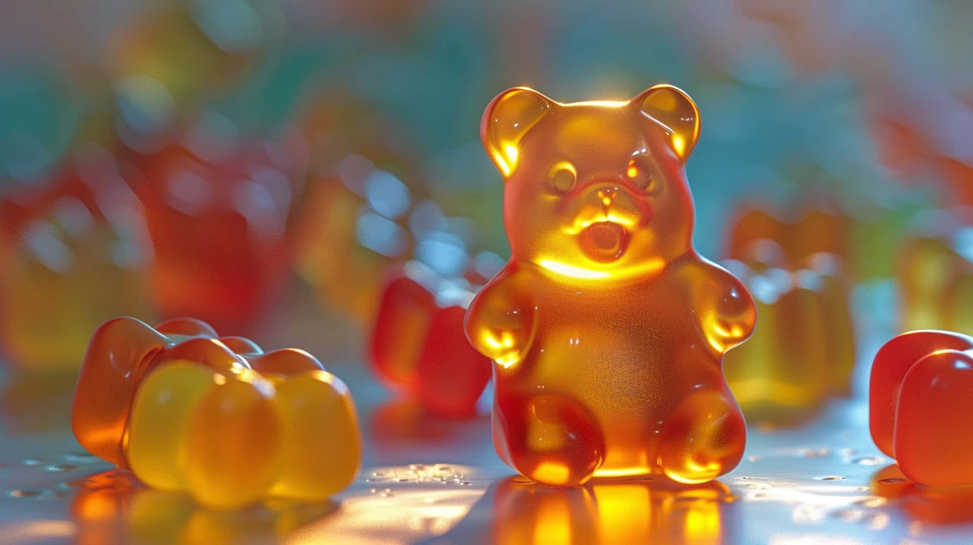 glowing amber gummy bear, center stage, blurred colorful gummies, Full HD Desktop Wallpaper