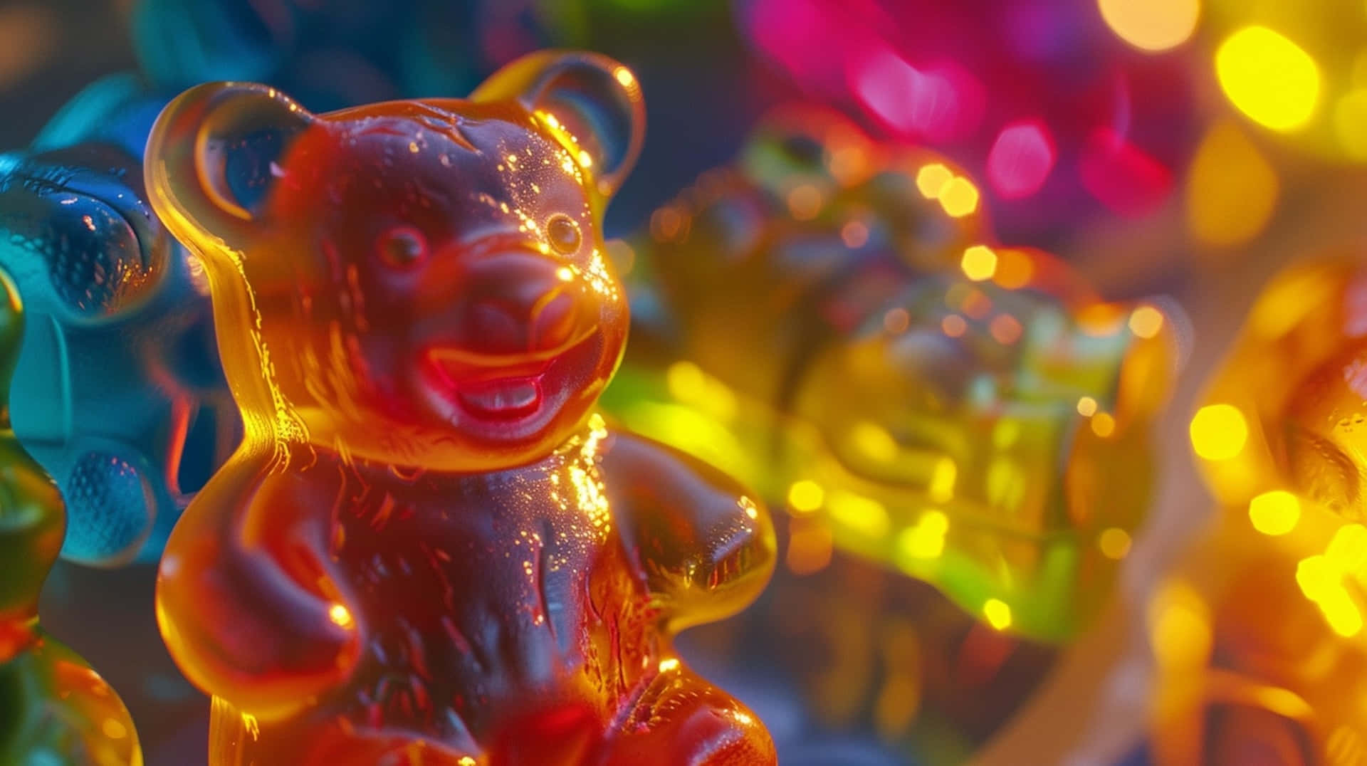glossy red gummy bear, colorful bokeh background, candy lights, Full HD Desktop Wallpaper