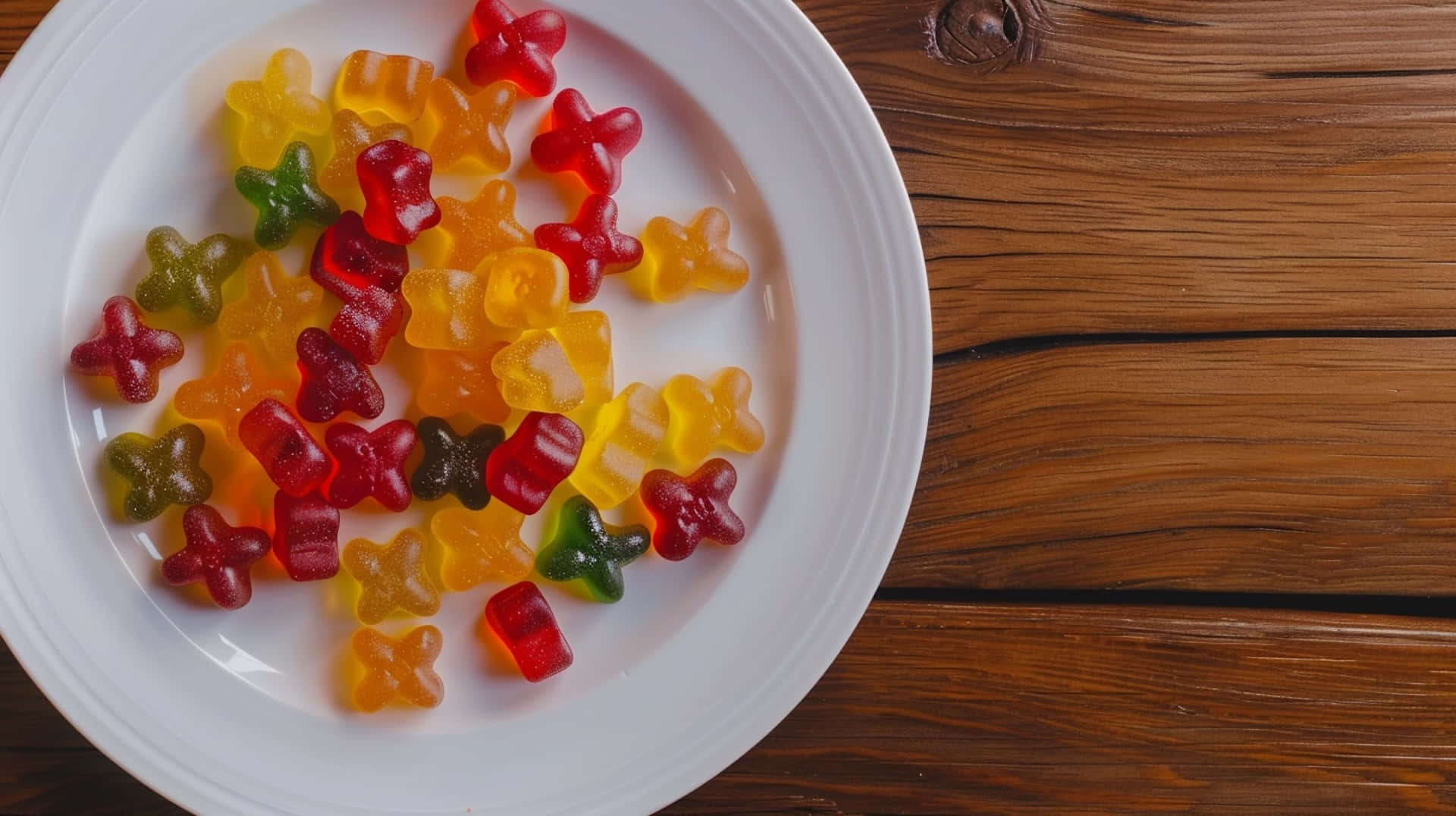 Assorted Gummy Bearson Plate, white plate, colorful star-shaped gummy candies, Full HD Desktop Wallpaper