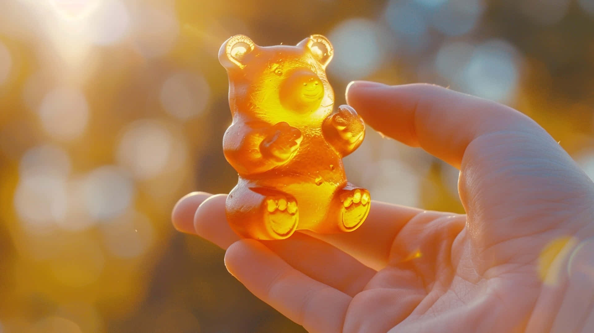 translucent amber gummy bear, sunlit bokeh background, hand cradles, Full HD Desktop Wallpaper