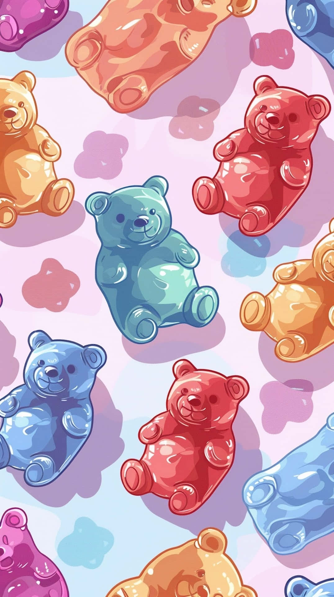 Colorful Gummy Bears Pattern, pastel sky, soft cloud shapes, Full HD Phone Wallpaper