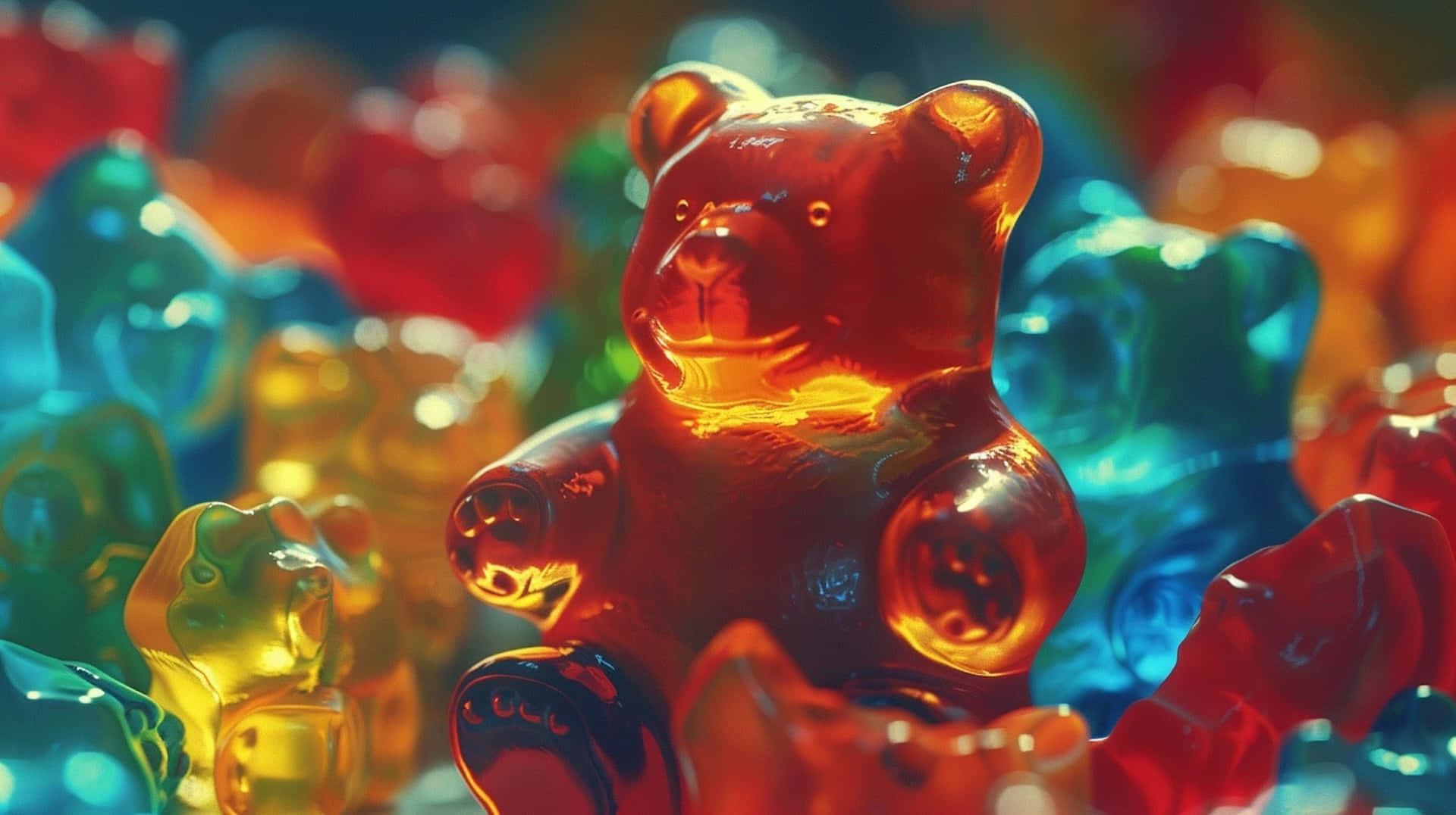 colorful gummy bears, translucent gummy bears, warm amber light, Full HD Desktop Wallpaper