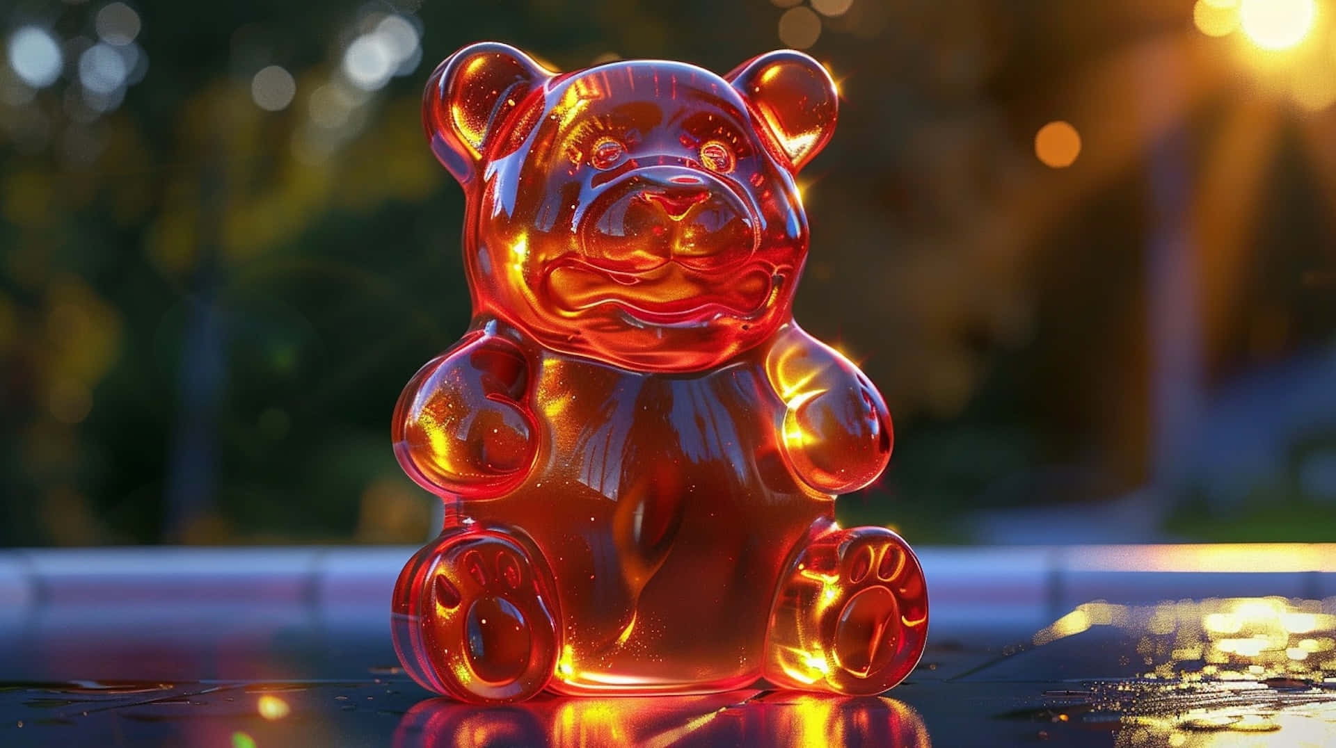 glowing red gummy bear, translucent amber gummy bear, golden sunset, Full HD Desktop Wallpaper