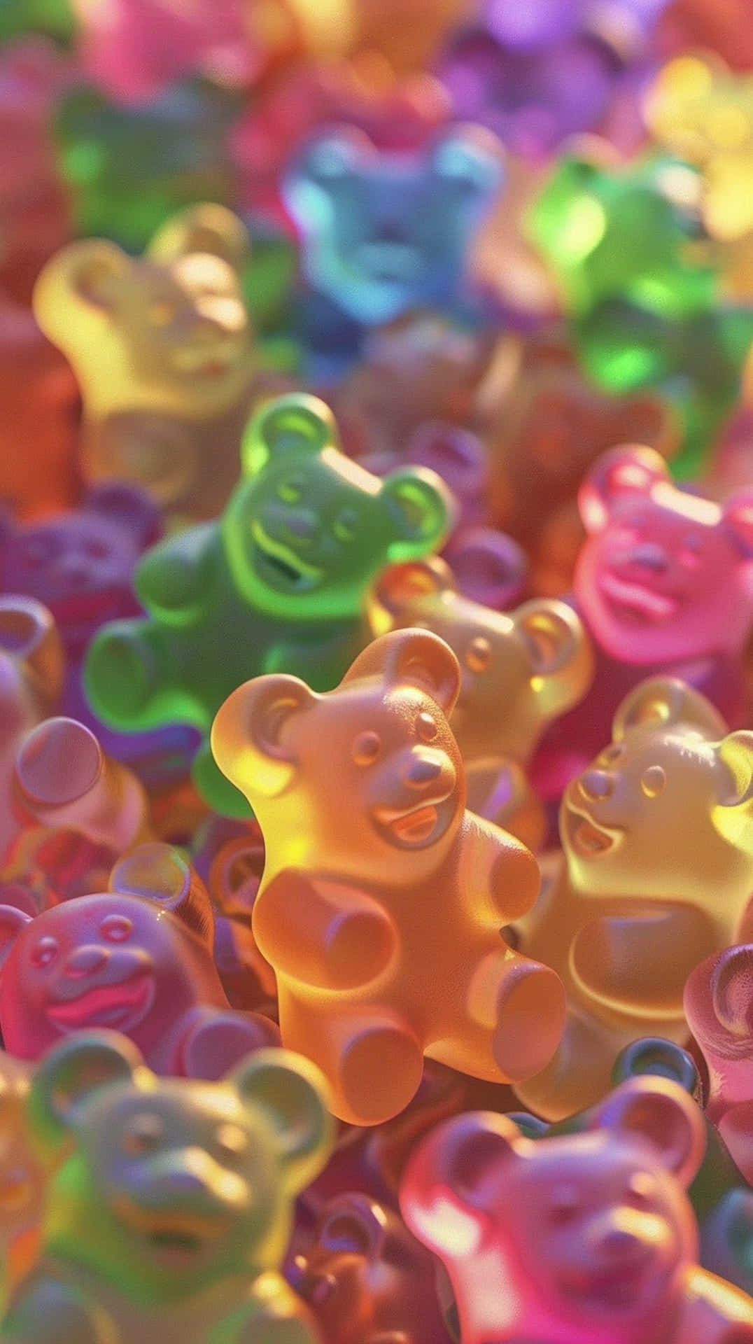 colorful gummy bears, glossy translucent textures, soft bokeh background, Full HD Phone Wallpaper