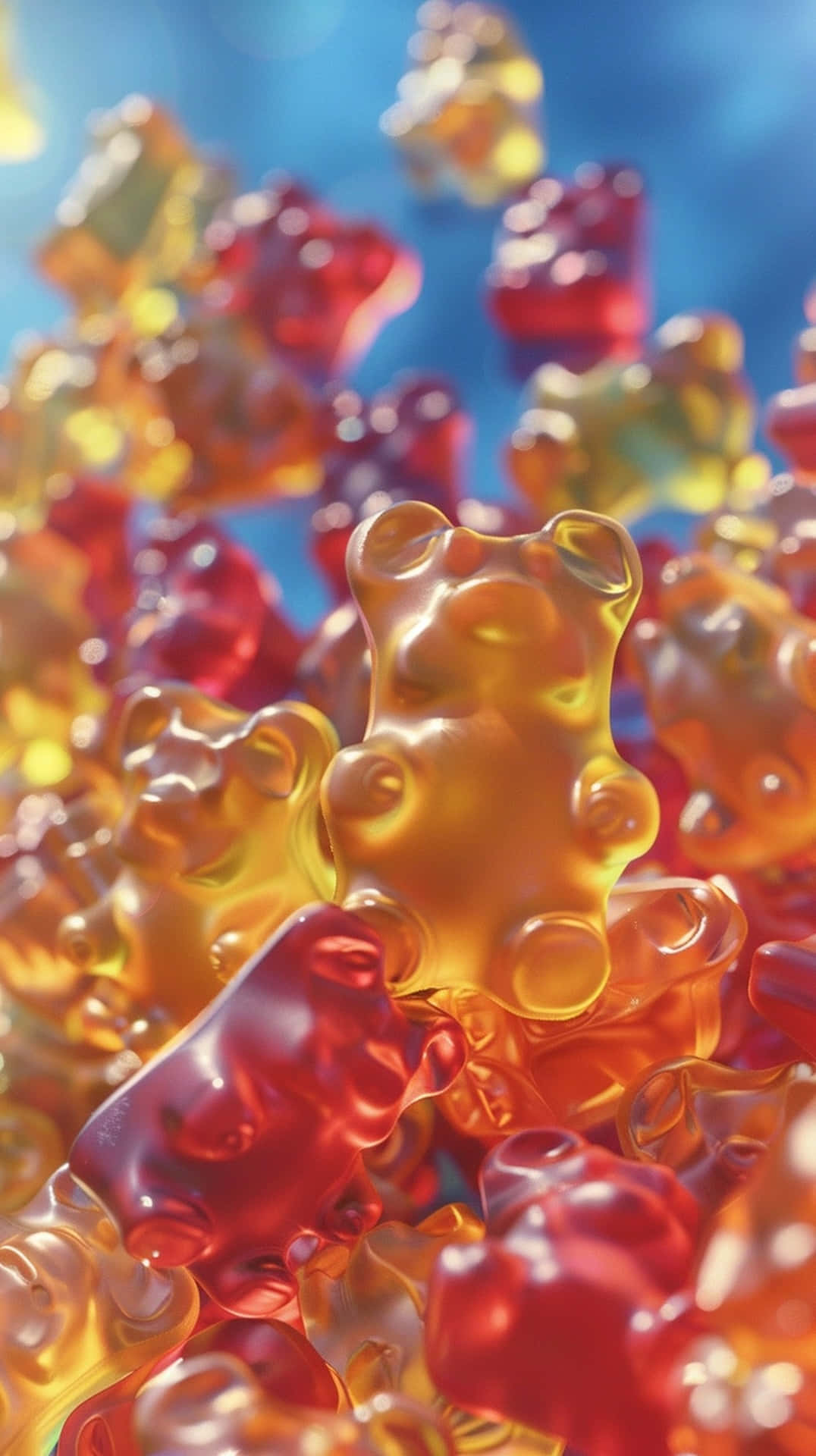 colorful gummy bears, translucent gummy bears, bright blue sky background, Full HD Phone Wallpaper