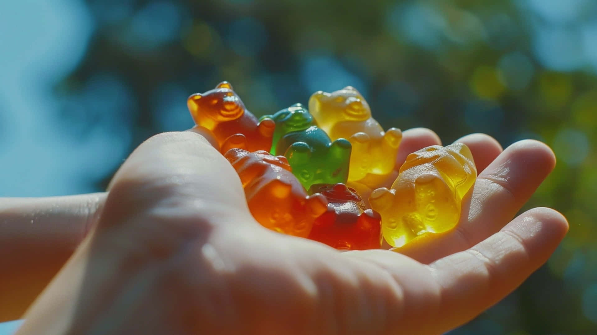colorful gummy bears, hand, bright sunlight, Full HD Desktop Wallpaper