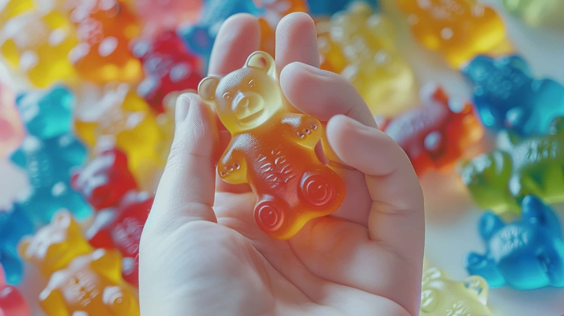 translucent orange gummy bear, vibrant blur of multicolored gummy bears, hand gently cradles, Full HD Desktop Wallpaper