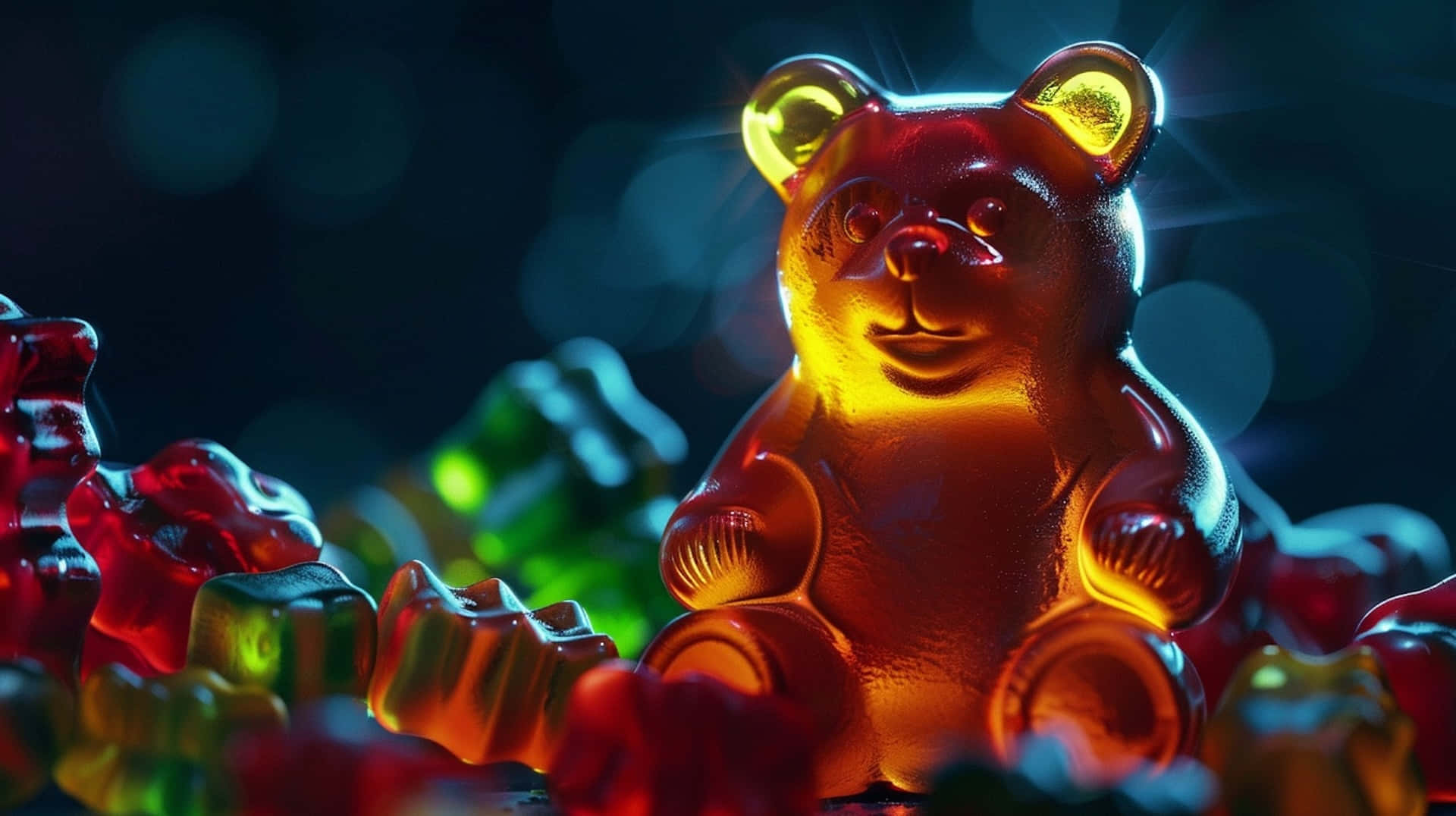 illuminated gummy bear, warm amber light, translucent gummy bear, Full HD Desktop Wallpaper