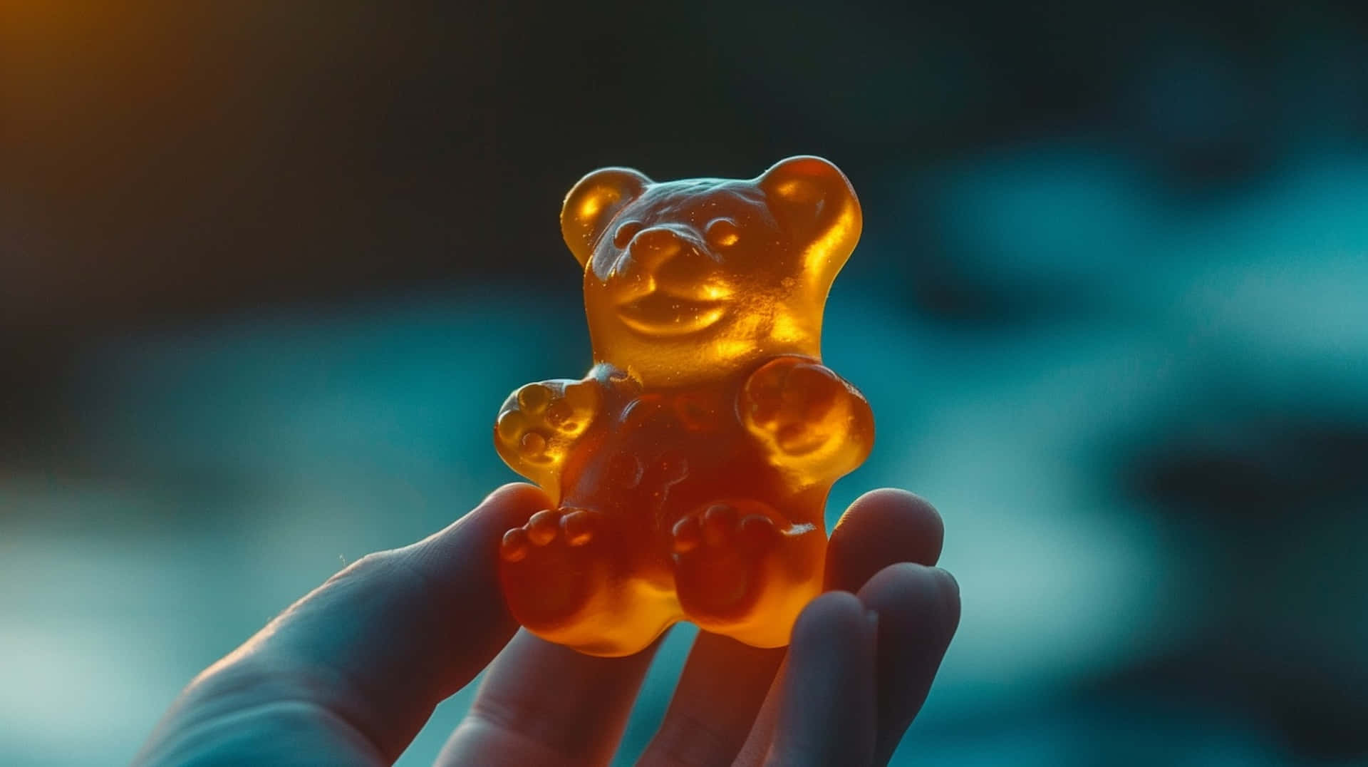 glowing gummy bear, translucent amber, blue and orange sunset, Full HD Desktop Wallpaper