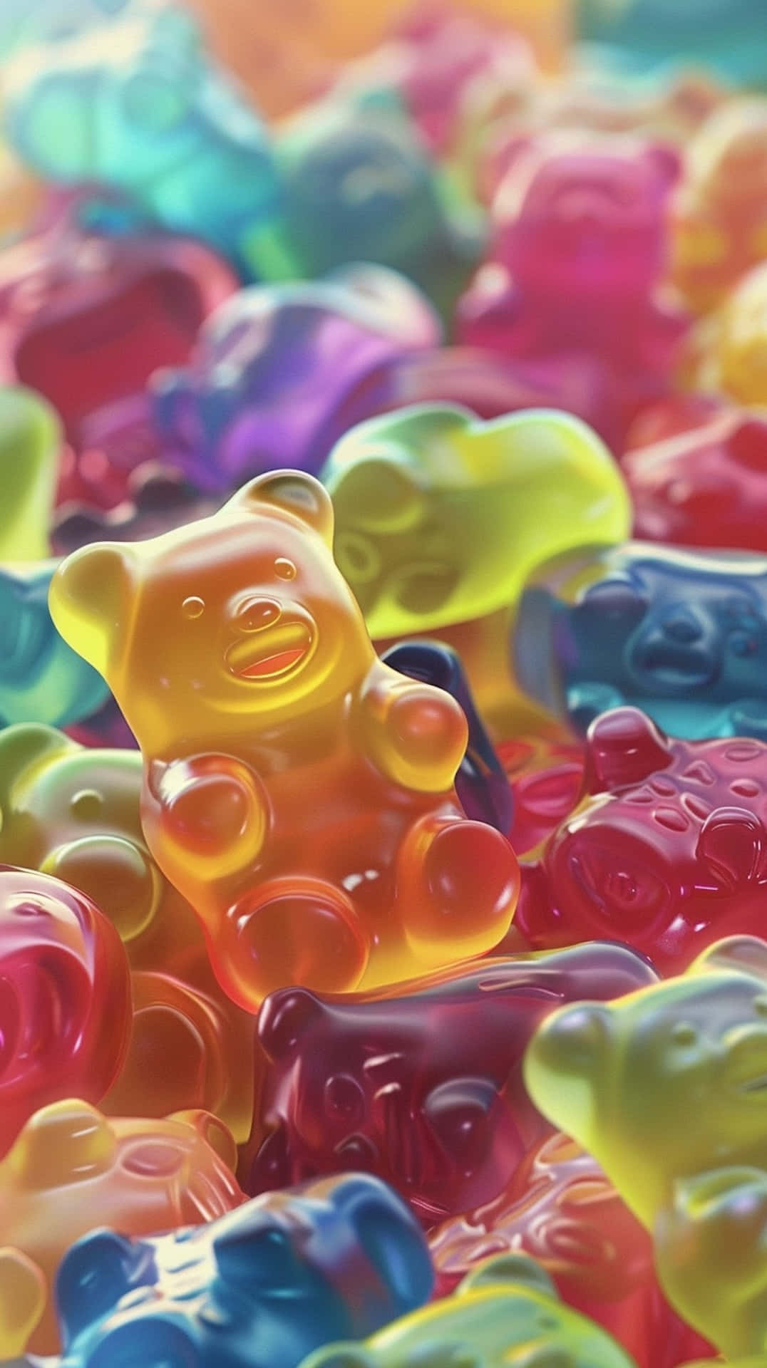 colorful gummy bears, glossy rainbow gummy bears, vibrant close-up, Full HD Phone Wallpaper