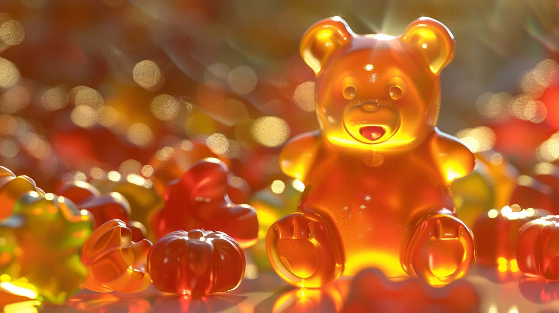 glowing amber gummy bear, colorful gummy candies, warm bokeh lights, Full HD Desktop Wallpaper