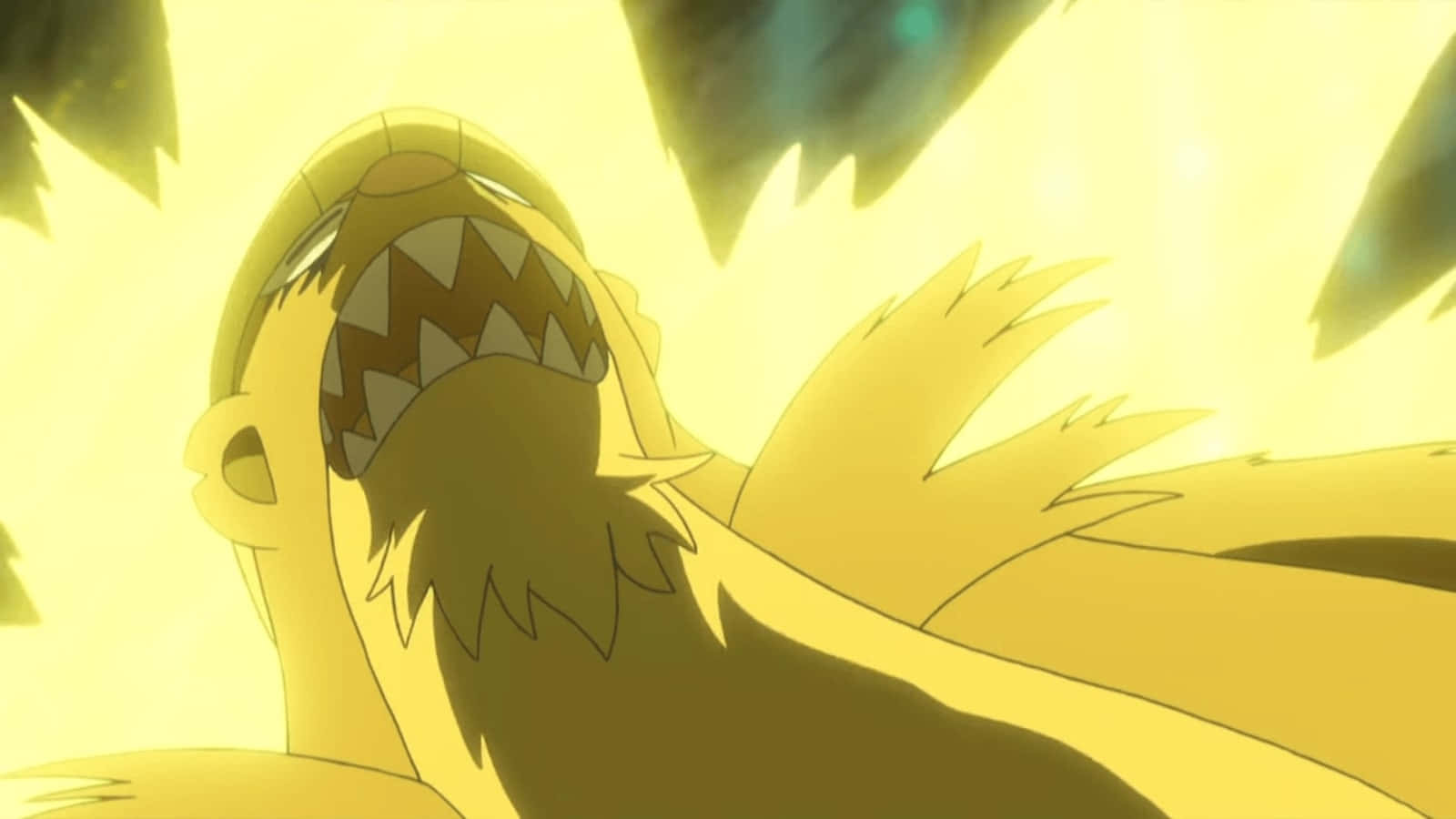 Gumshoos, yellow anime creature, sharp teeth bared, HD Desktop Wallpaper
