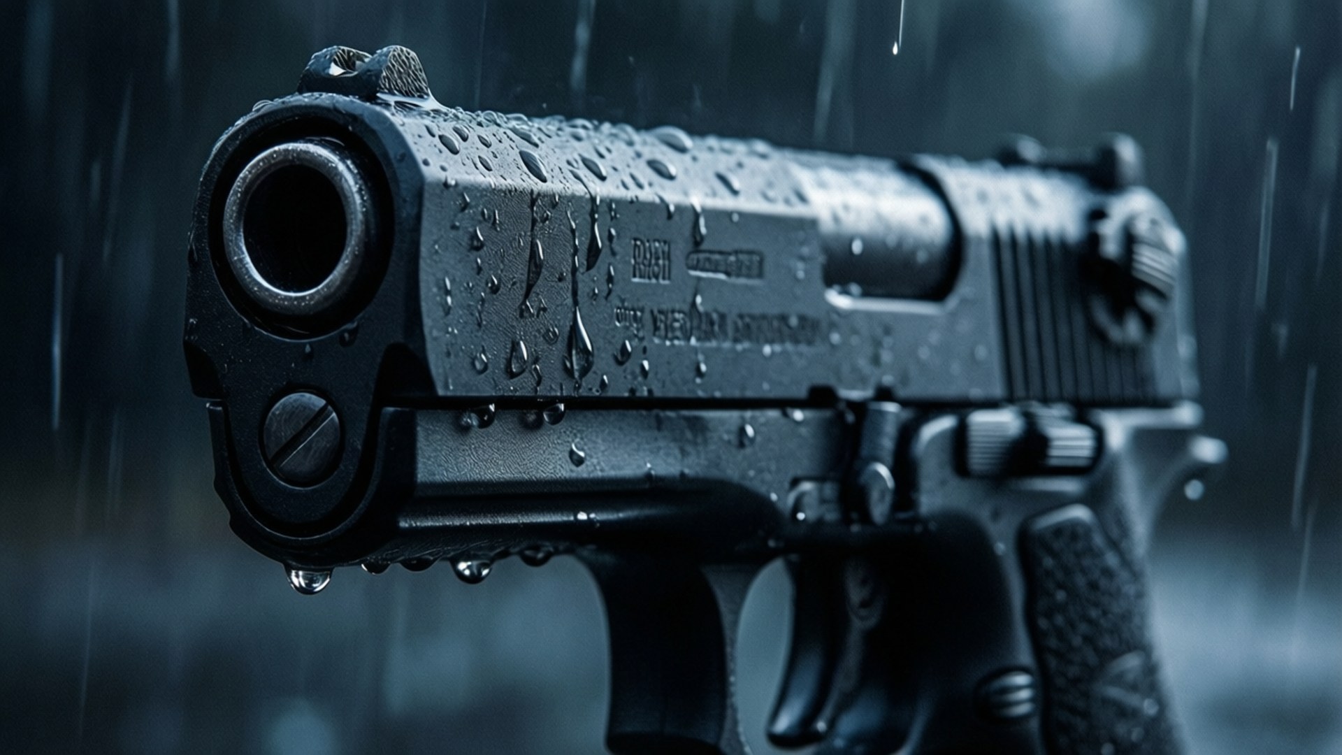 rainy silent pistol, wet black handgun, raindrops, Full HD Desktop Wallpaper