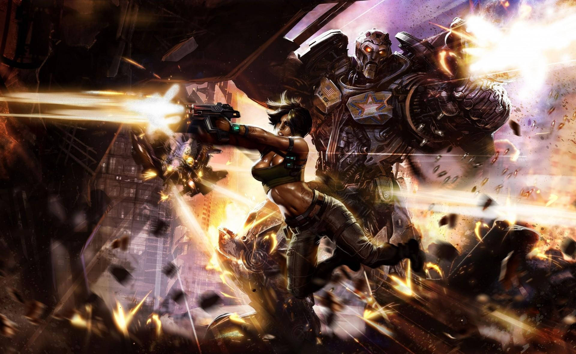 cyborg girl, modern firearms, towering armored enemy, Full HD Desktop Wallpaper