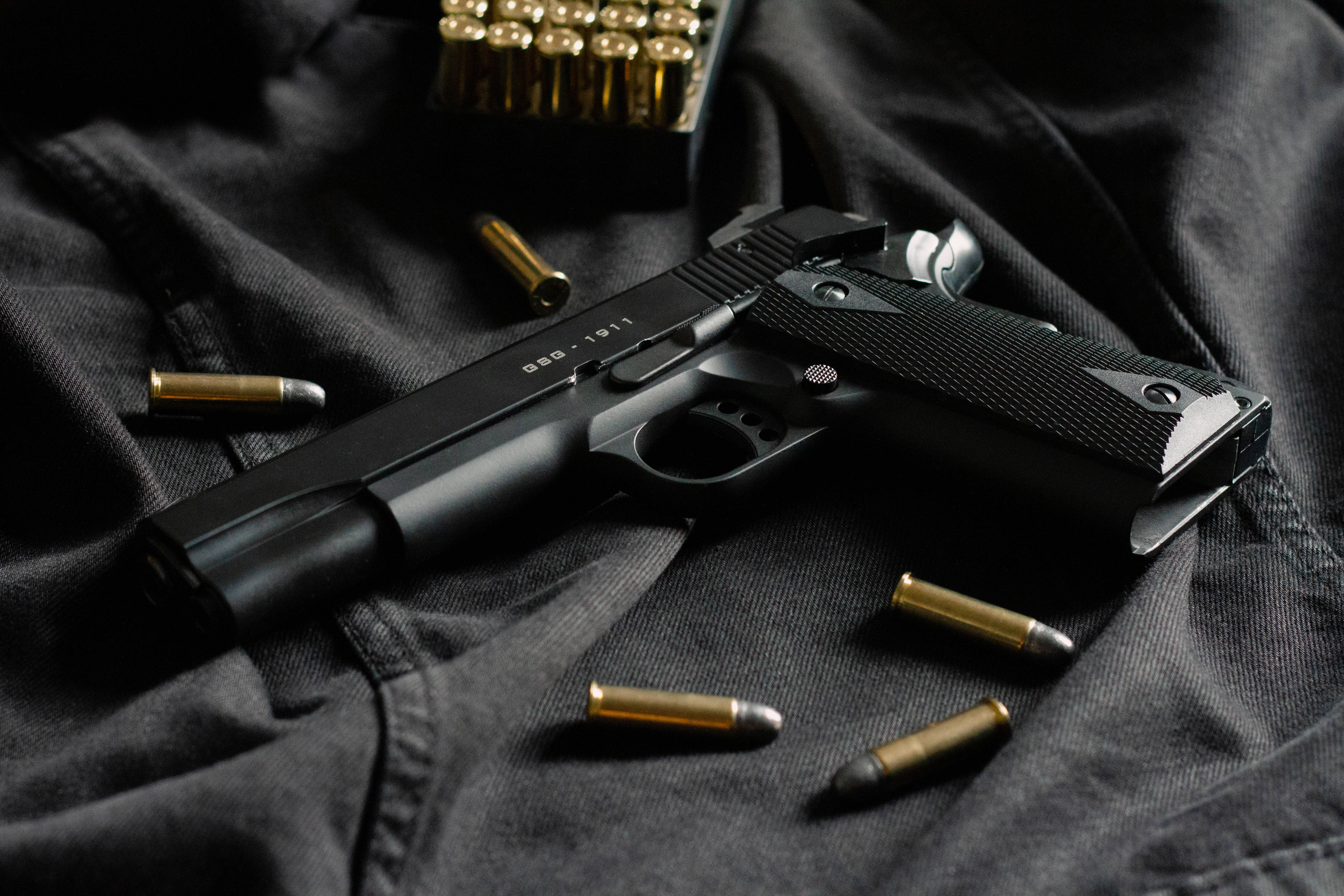 1911 pistol, black, brass bullets, 5K Desktop Wallpaper