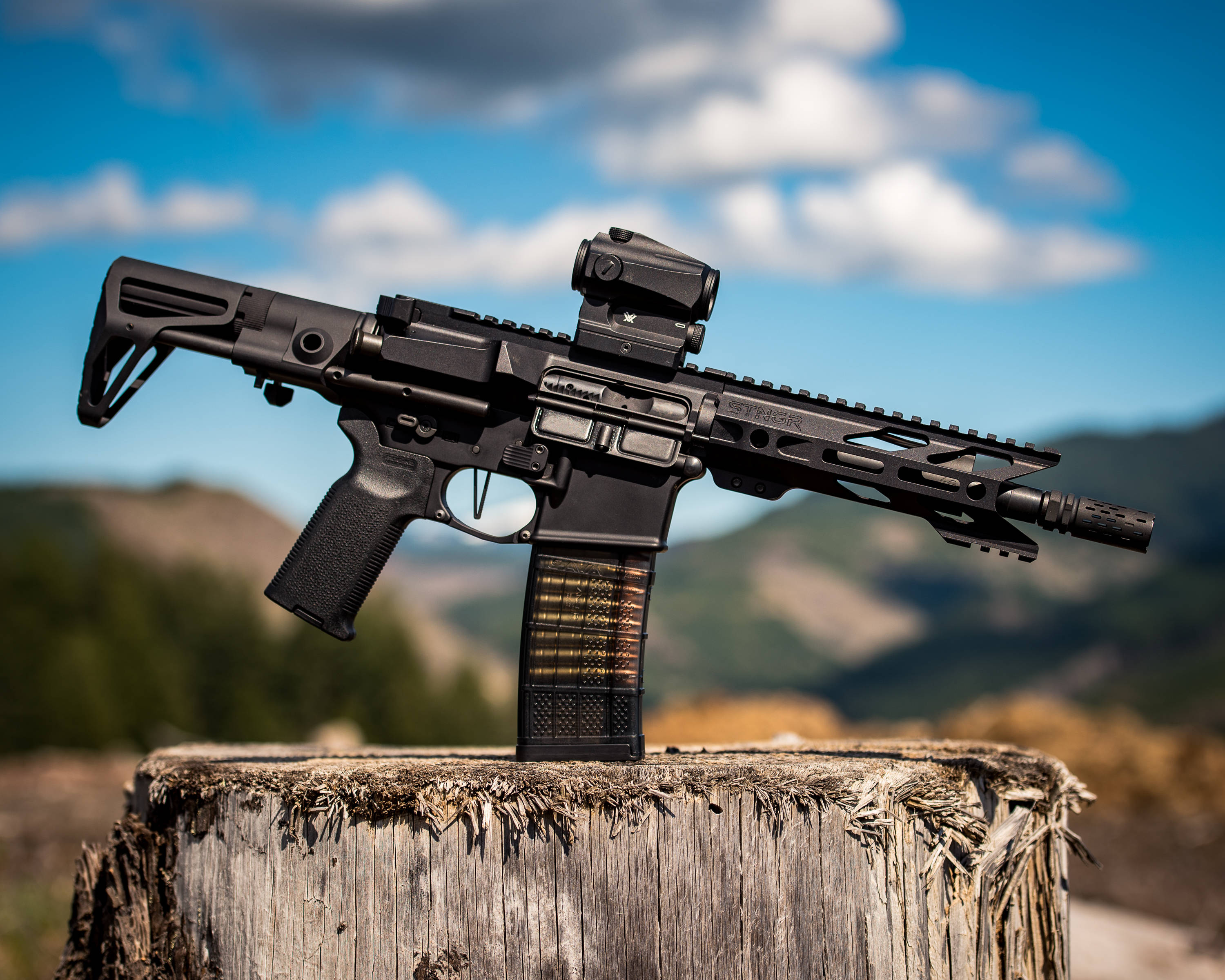 black tactical rifle, mounted scope, weathered tree stump, 2K Desktop Wallpaper