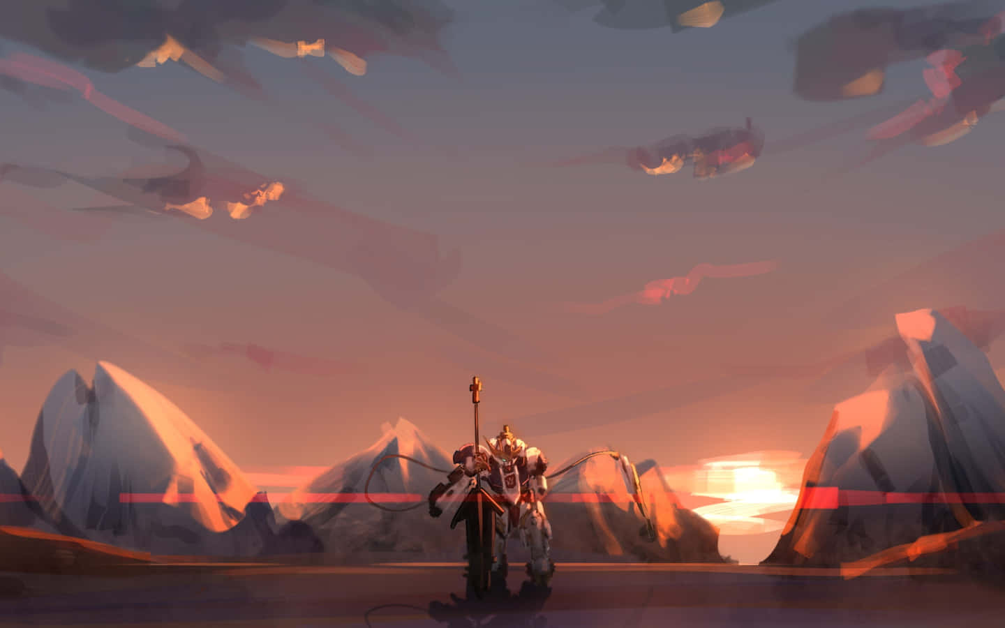 Gundam Desktop, mountainous valley, sunset, HD Desktop Wallpaper