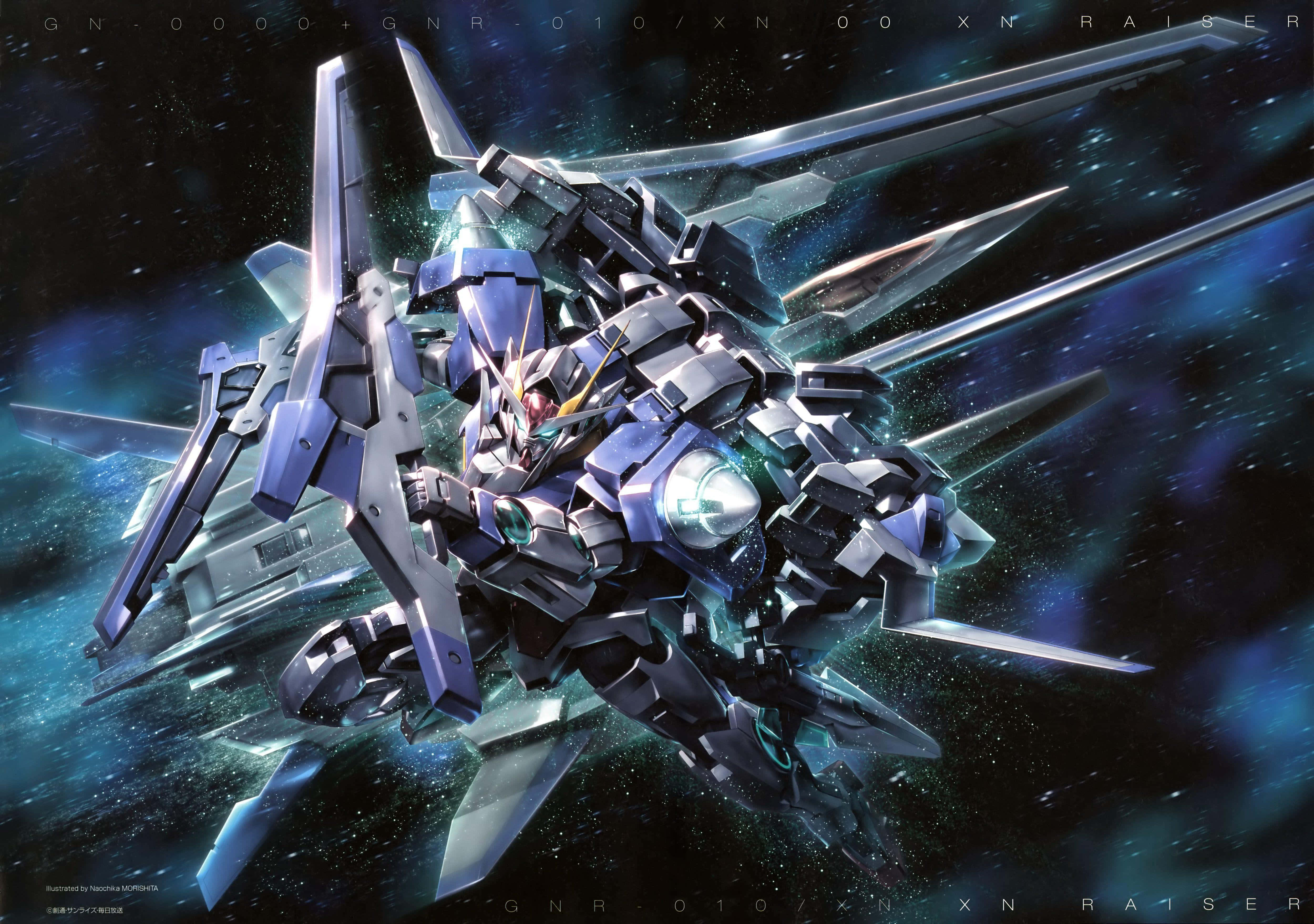 Gundam, silver and blue mobile suit, glowing green eyes, 4K Desktop Wallpaper