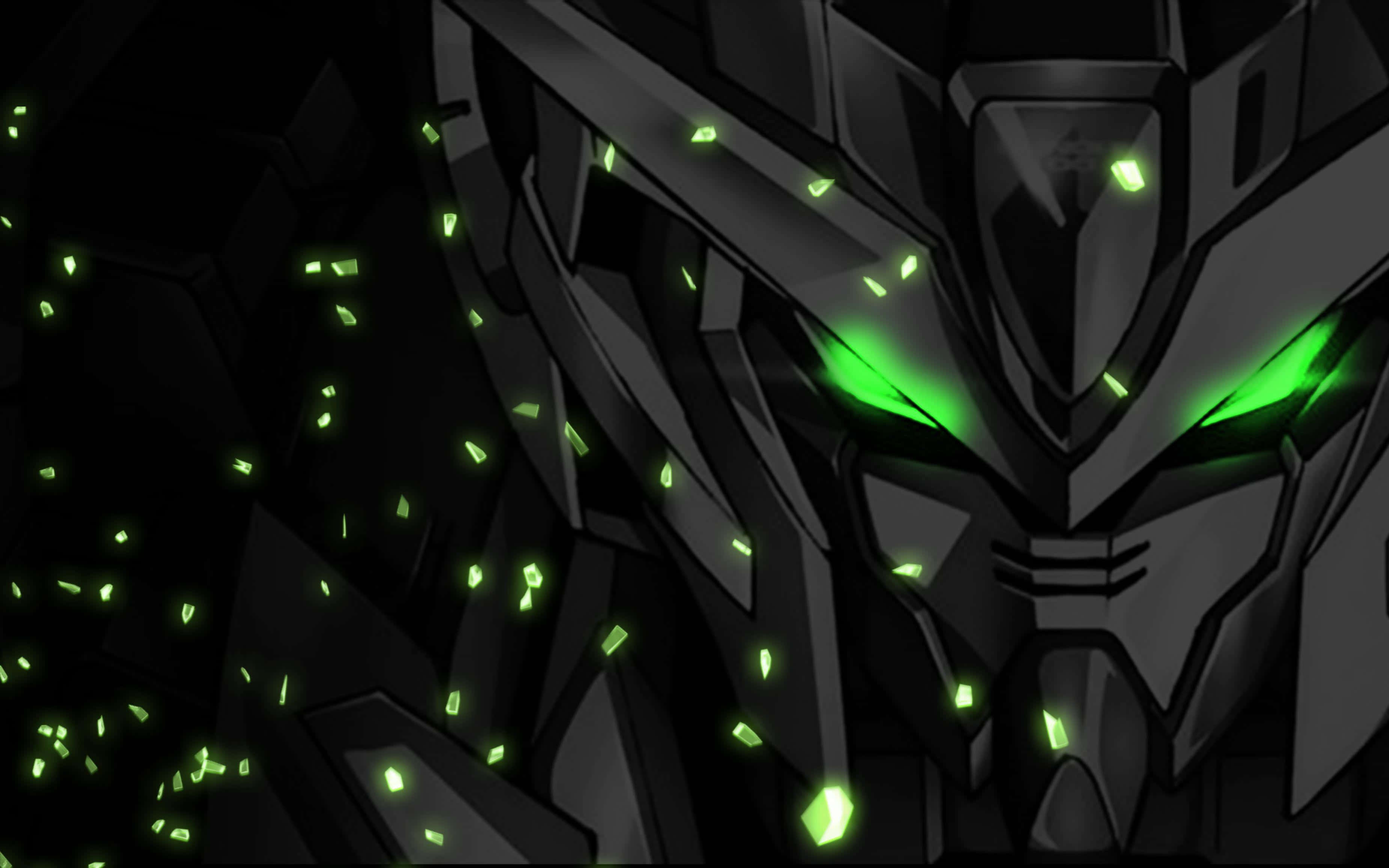 Gundam Desktop, black mecha, glowing green eyes, 2K Desktop Wallpaper