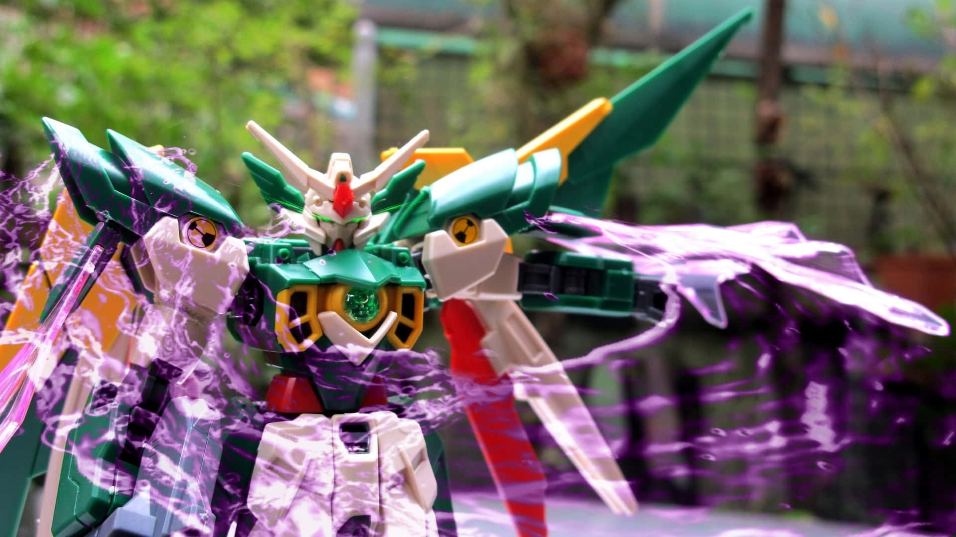 Gundam, green and white robot toy, purple energy effects, Full HD Desktop Wallpaper
