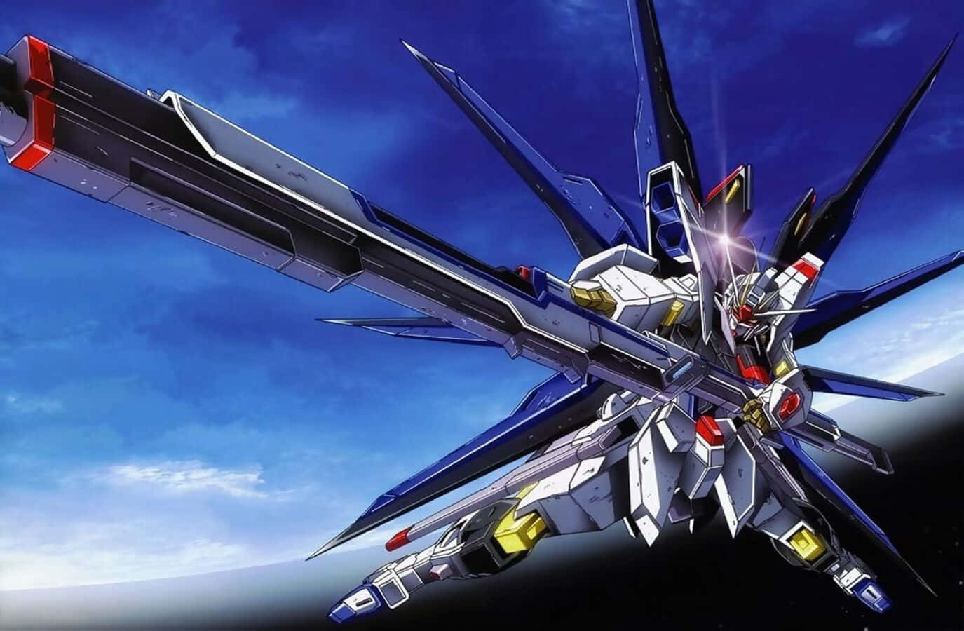 Gundam Seed, blue and white mobile suit, red and gold accents, HD Desktop Wallpaper