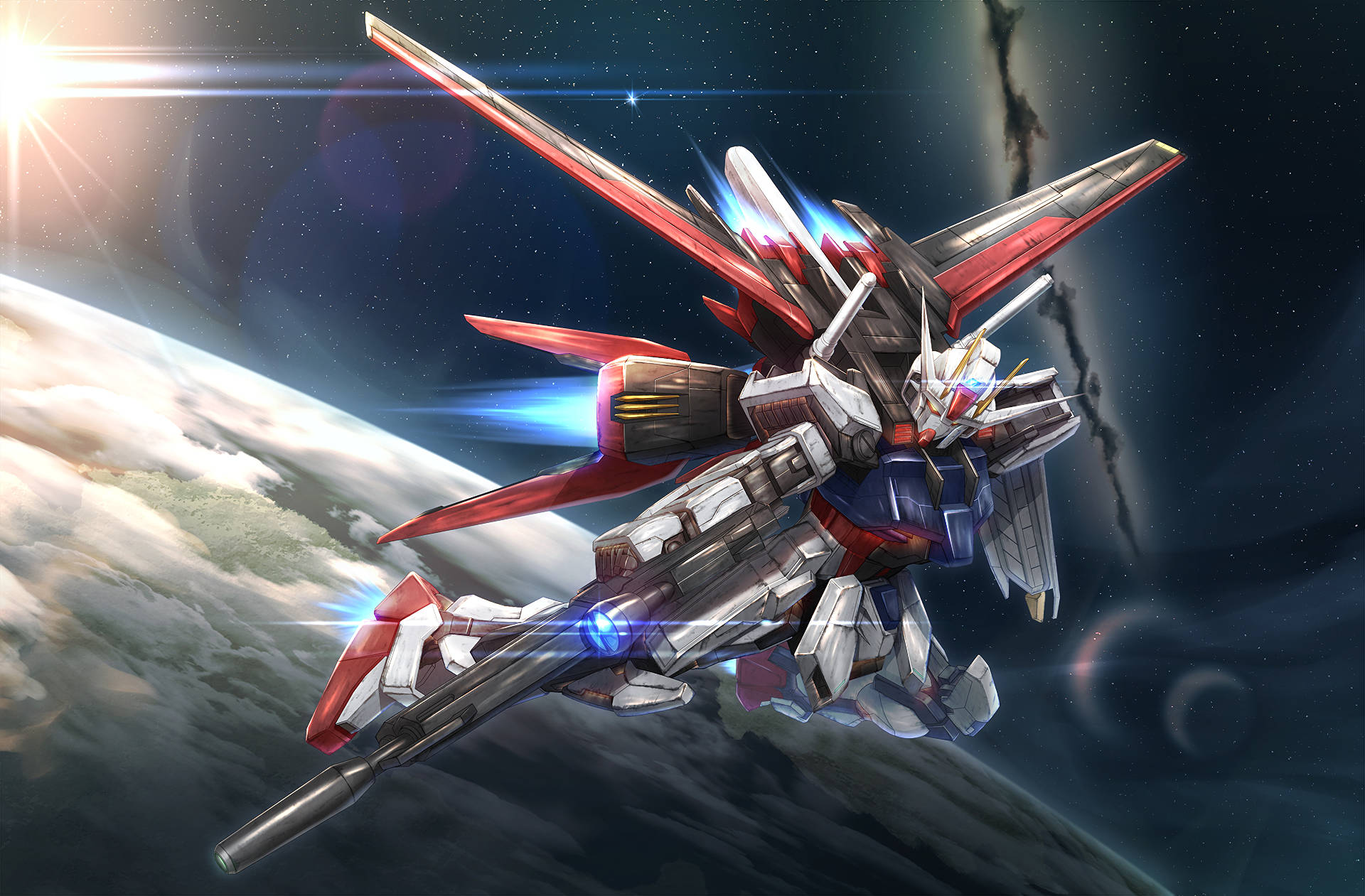 Gundam Seed, red white and blue mobile suit, blue energy beams, Full HD Desktop Wallpaper