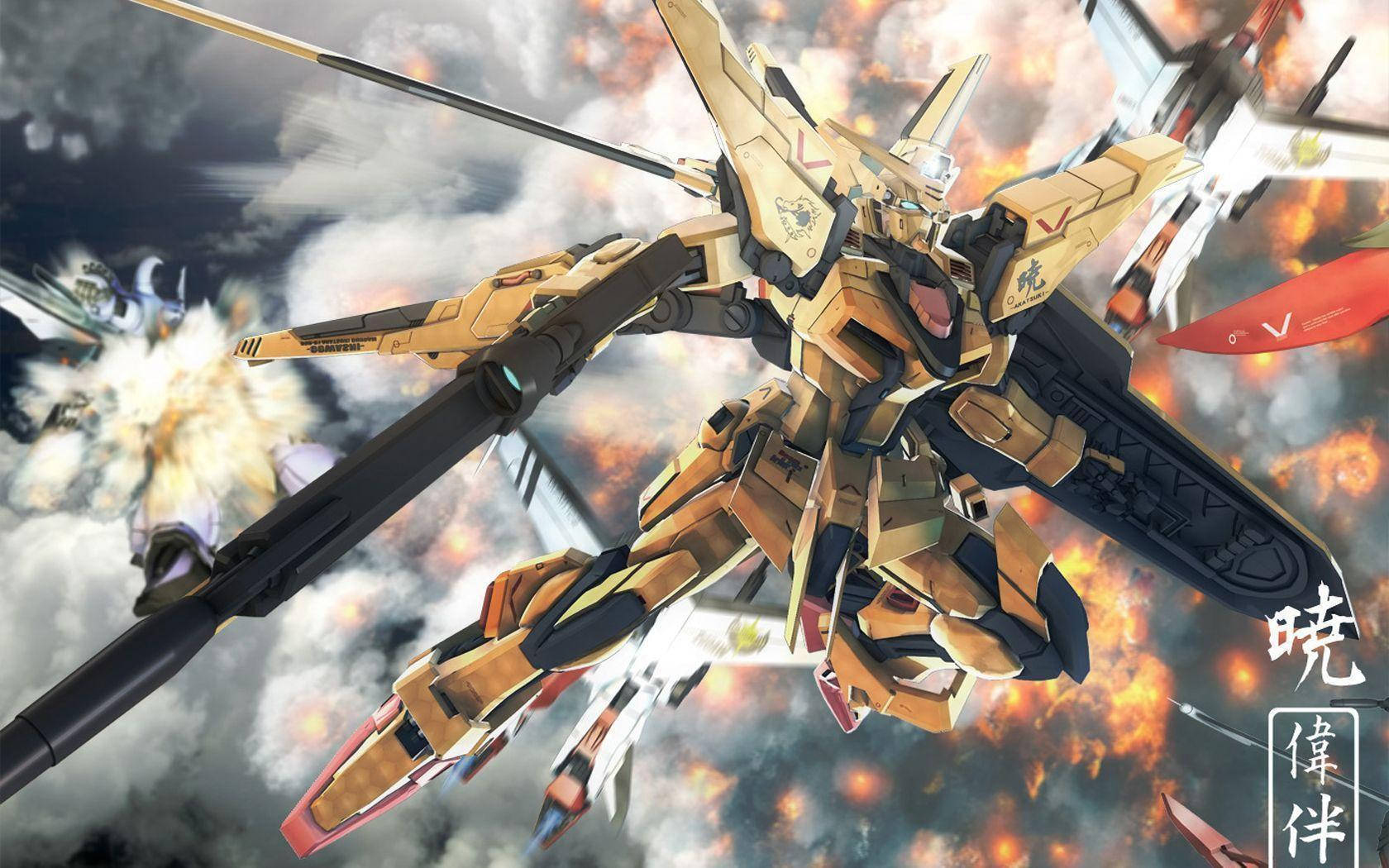 Gundam SEED, golden mecha, fiery explosions, HD Desktop Wallpaper