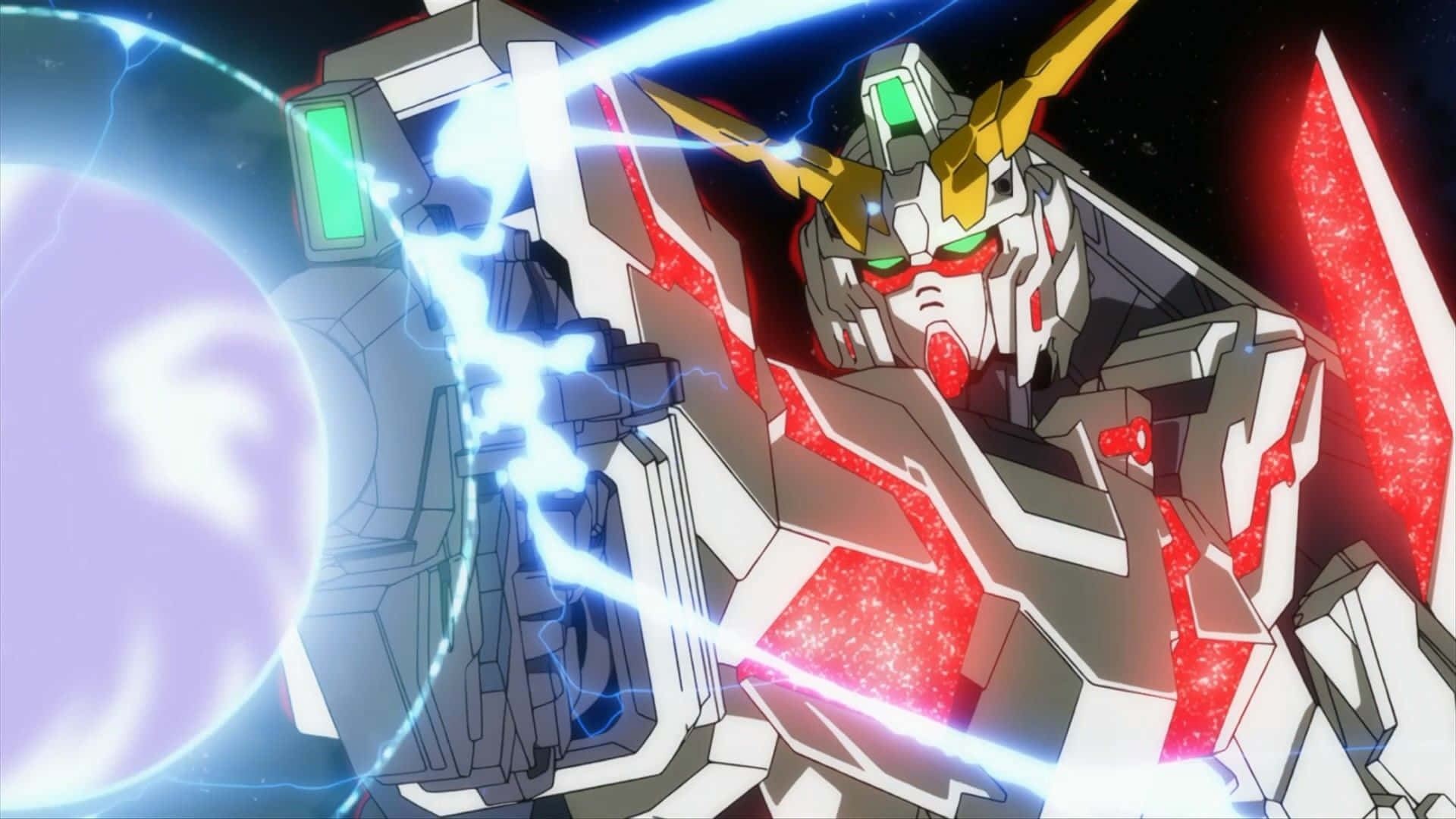 Gundam Unicorn, white red and gold, glowing blue beam, Full HD Desktop Wallpaper