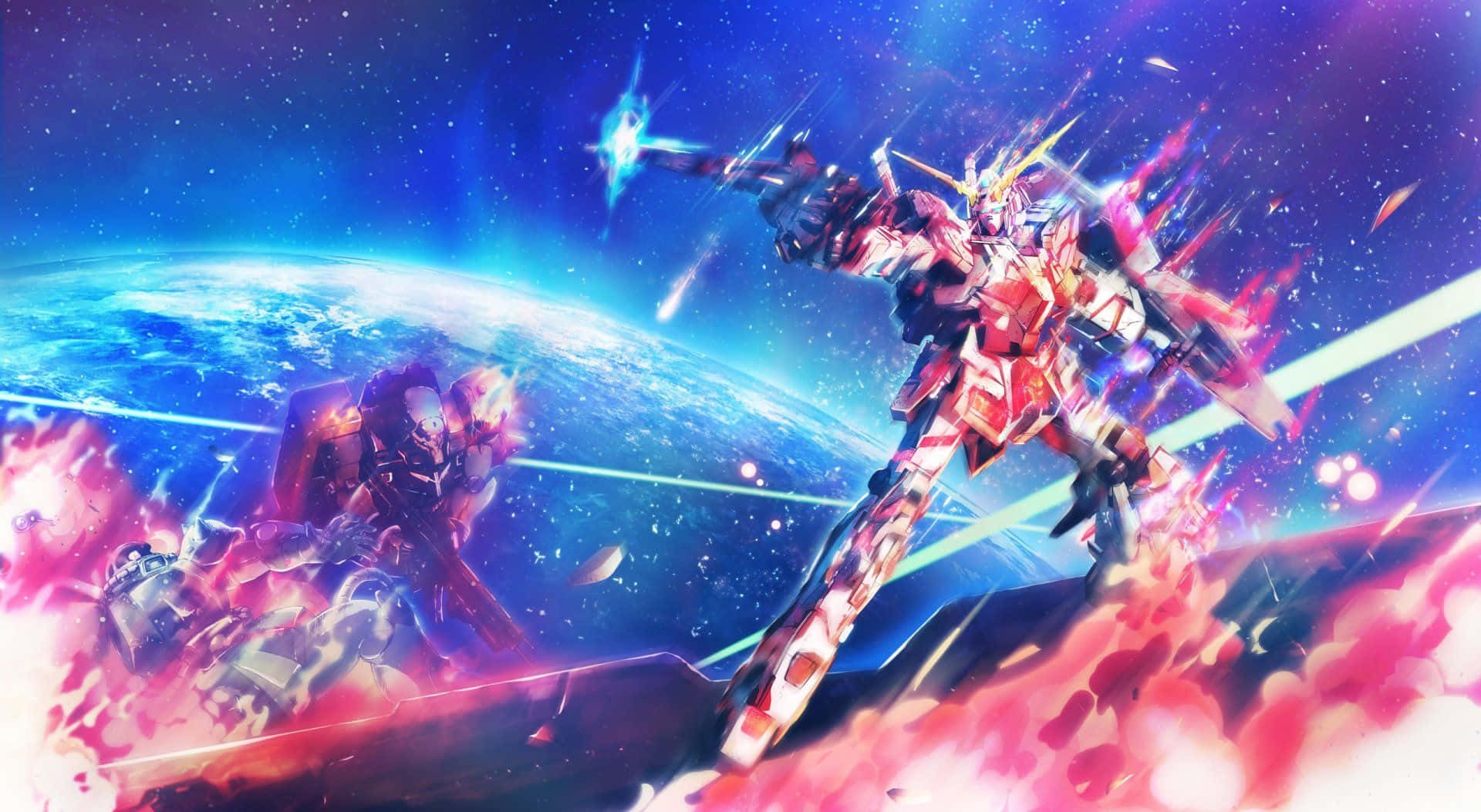 Gundam Unicorn, red and white mobile suit, energy beams, Full HD Desktop Wallpaper